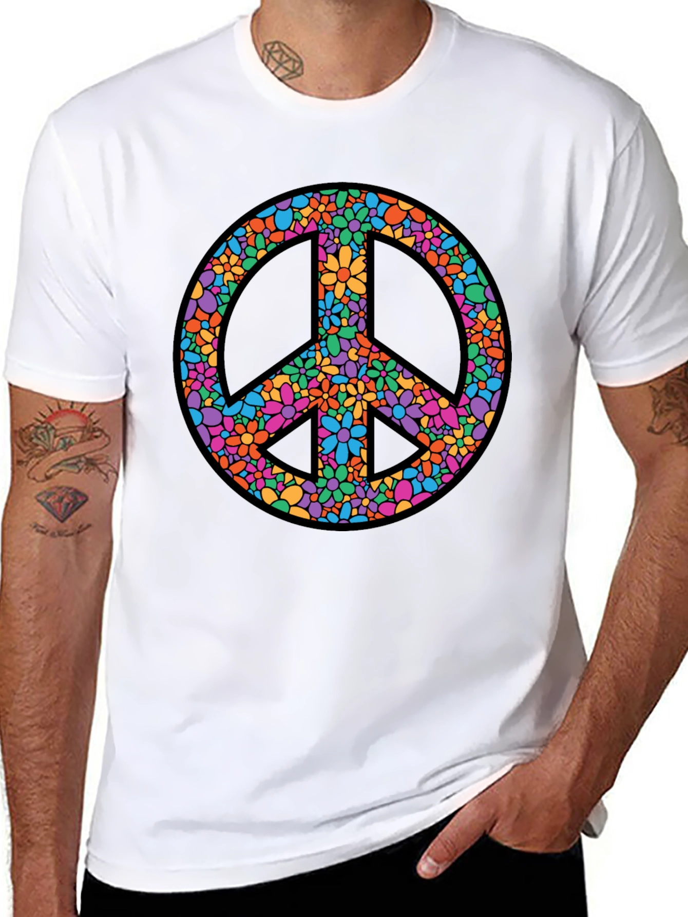 Floral Peace Sign Graphic T-Shirt - Black