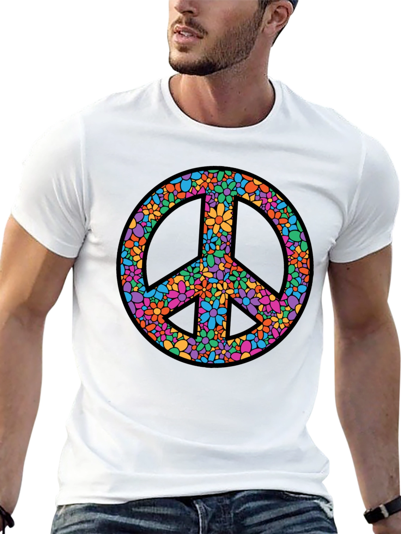 Floral Peace Sign Graphic T-Shirt - Black