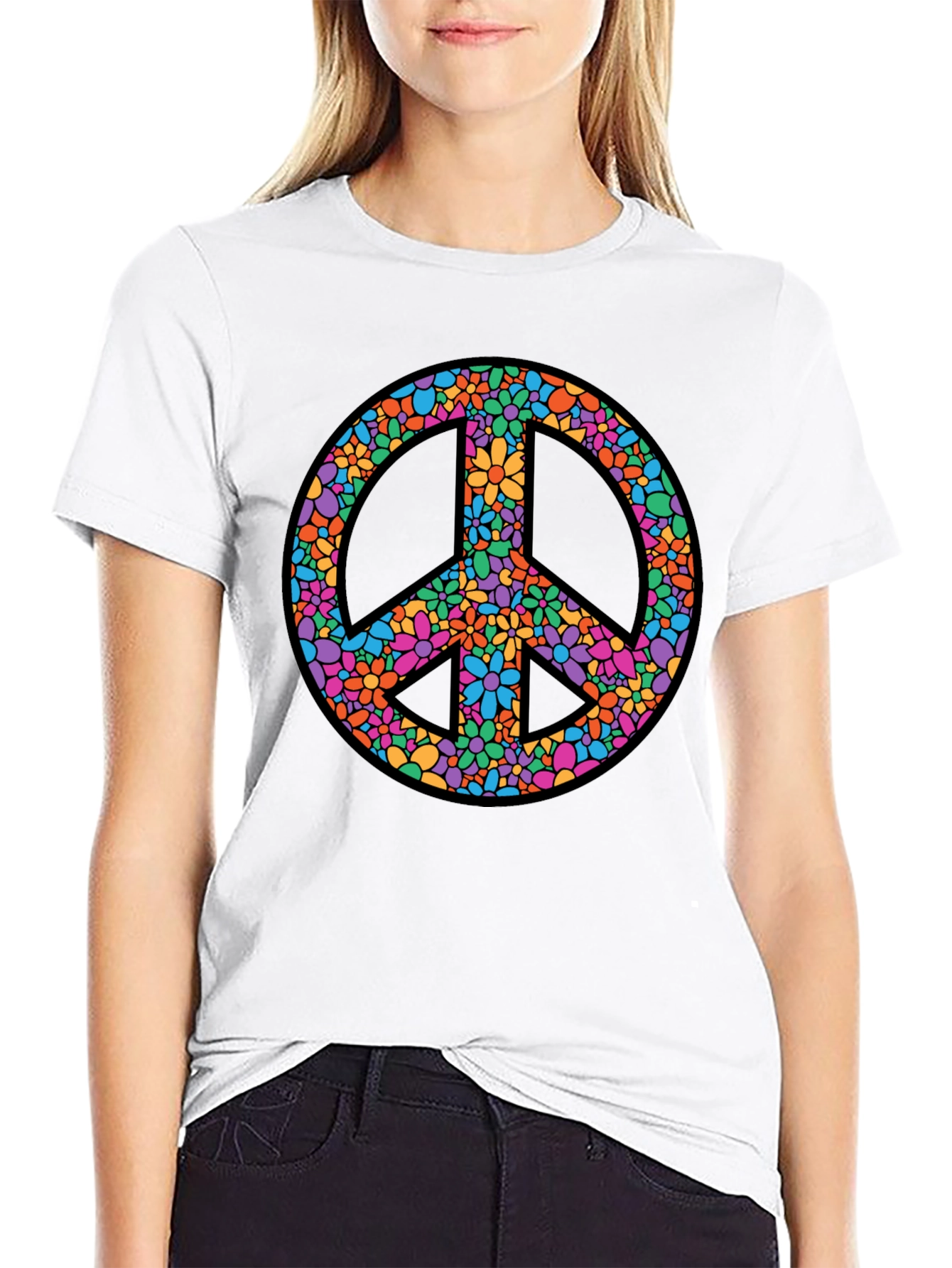 Floral Peace Sign Graphic T-Shirt - Black