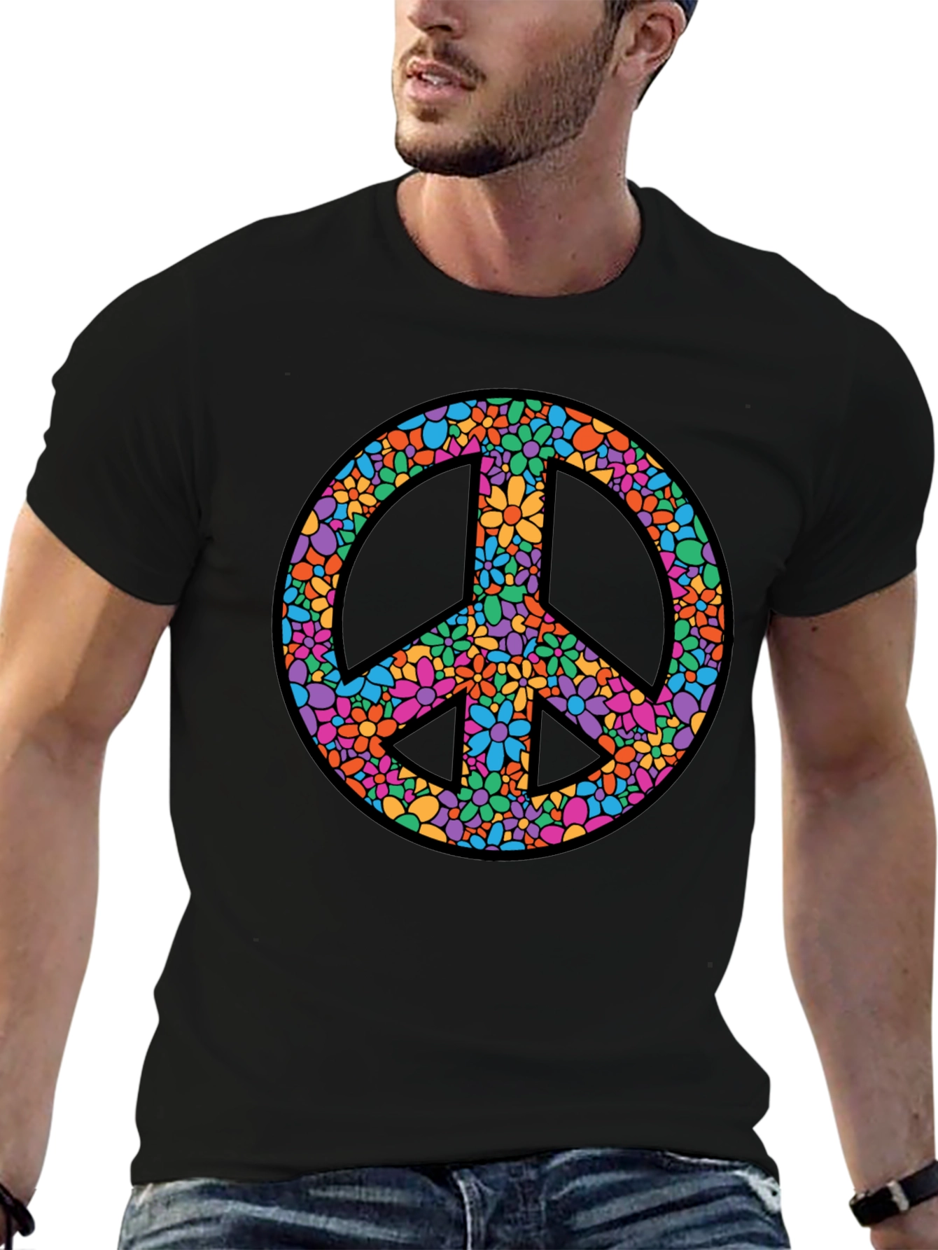 Floral Peace Sign Graphic T-Shirt - Black