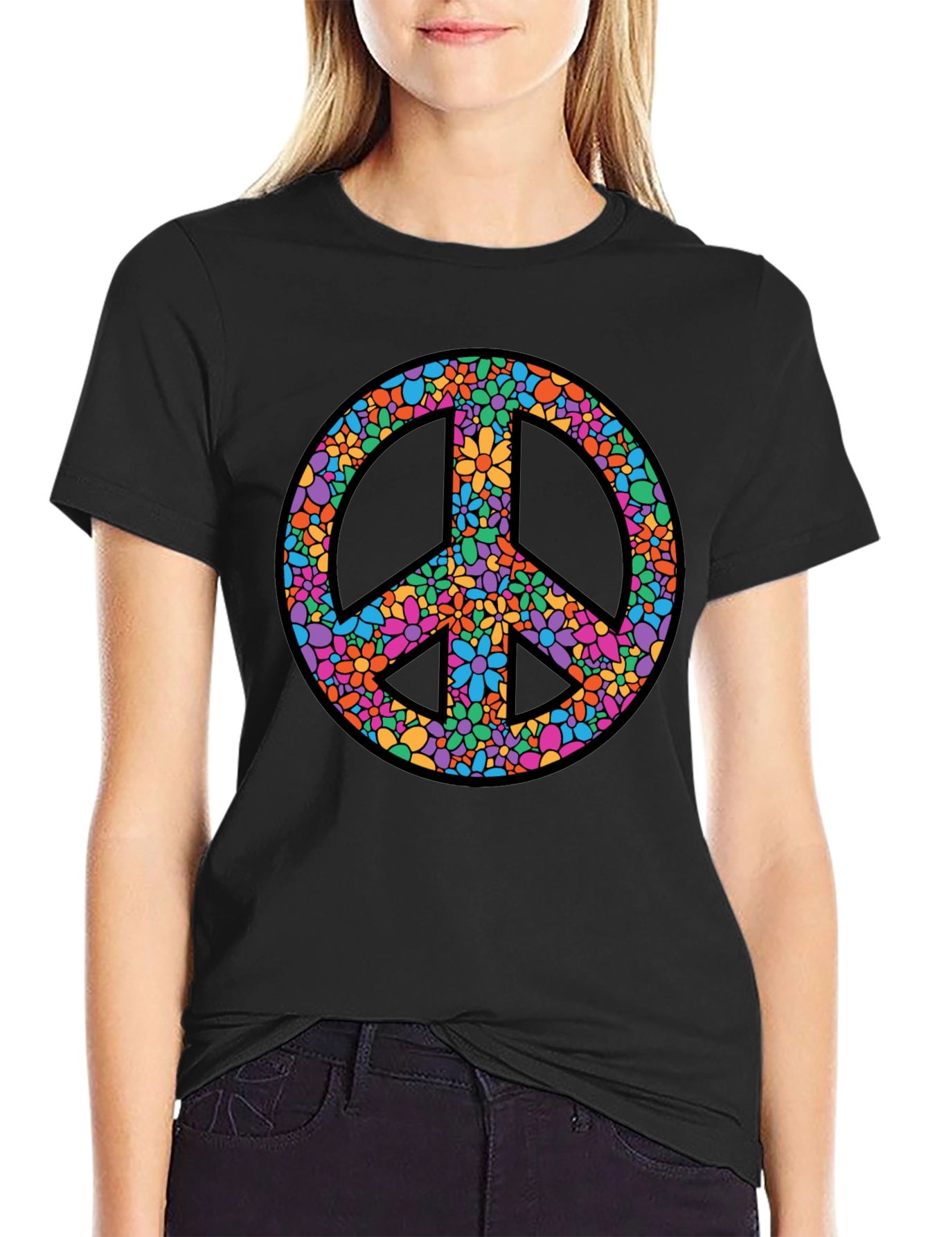 Floral Peace Sign Graphic T-Shirt - Black
