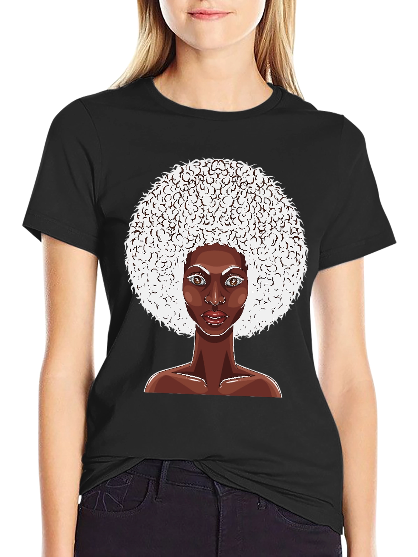 Afro Woman Graphic Tee - Black Cotton T-Shirt