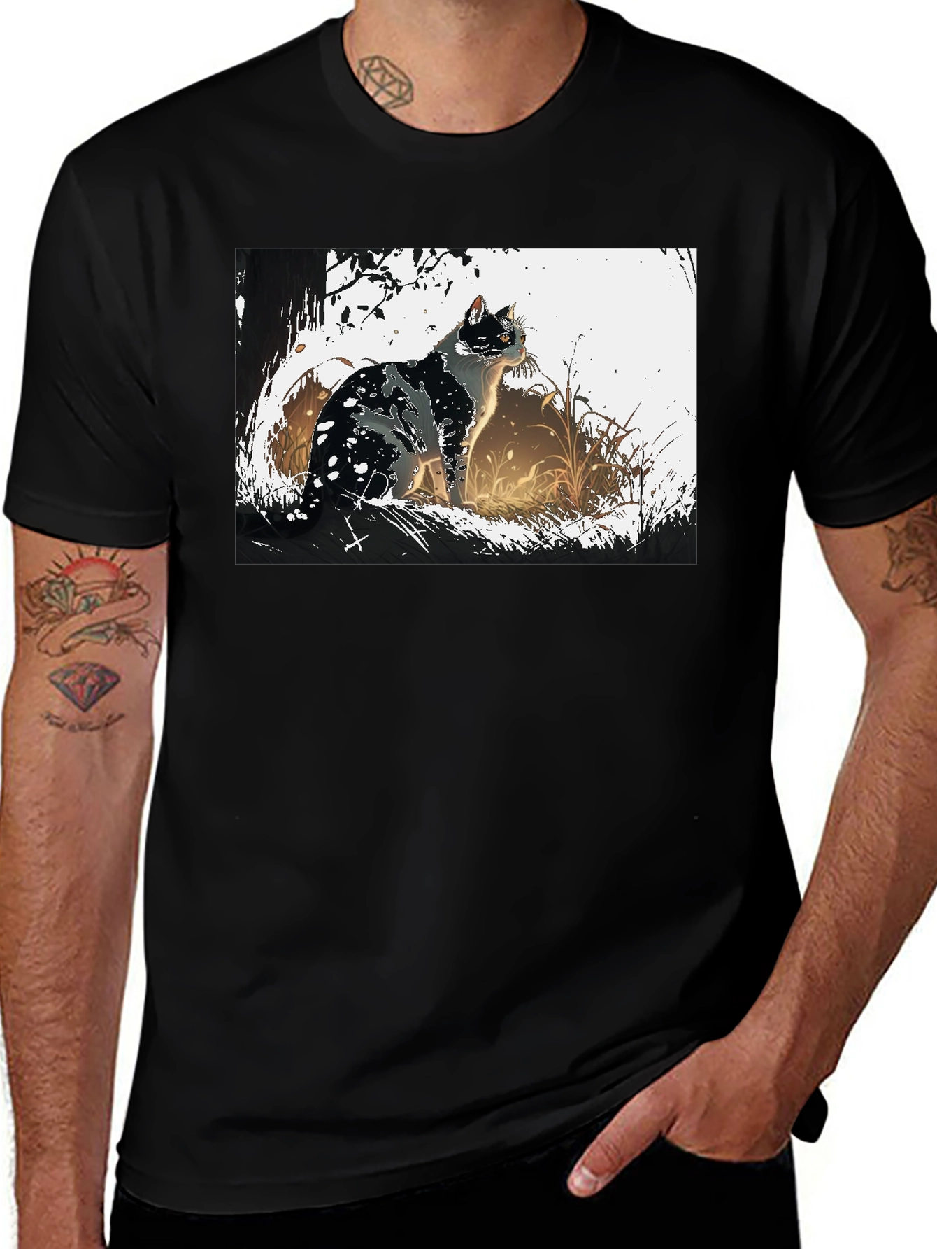 Cat Graphic Tee - Black Cotton T-Shirt