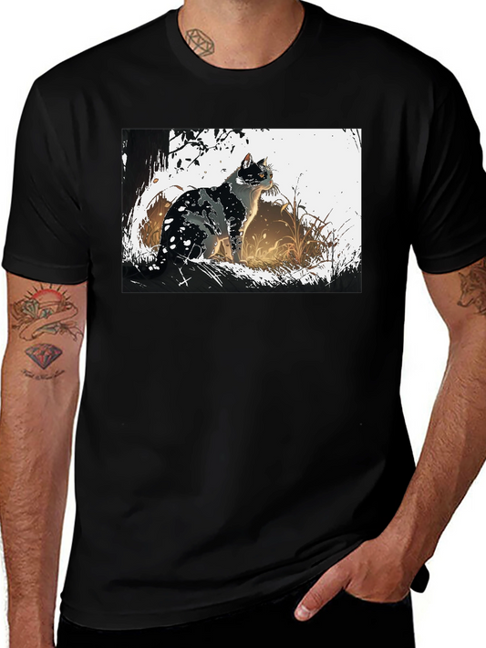 Cat Graphic Tee - Black Cotton T-Shirt
