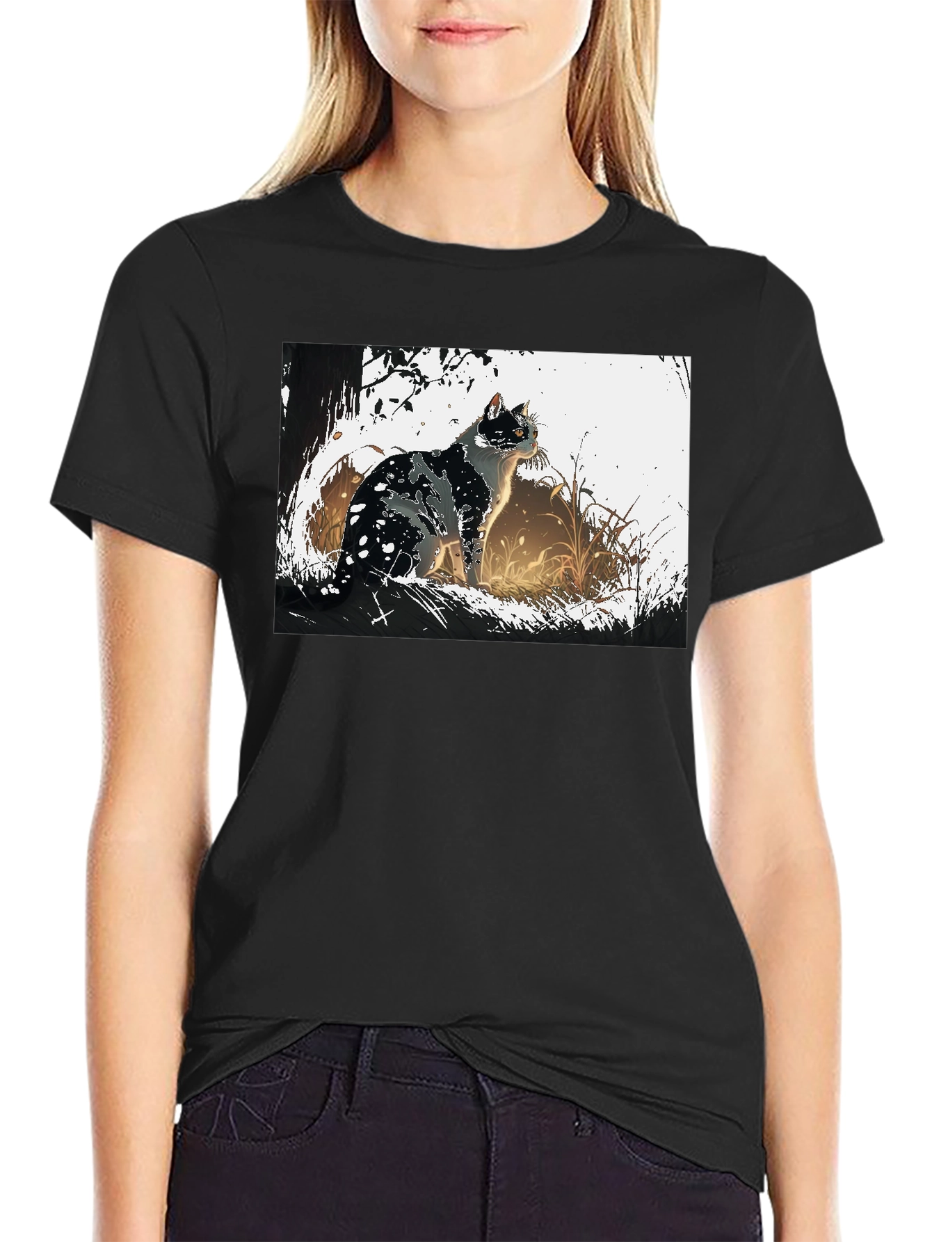 Cat Graphic Tee - Black Cotton T-Shirt
