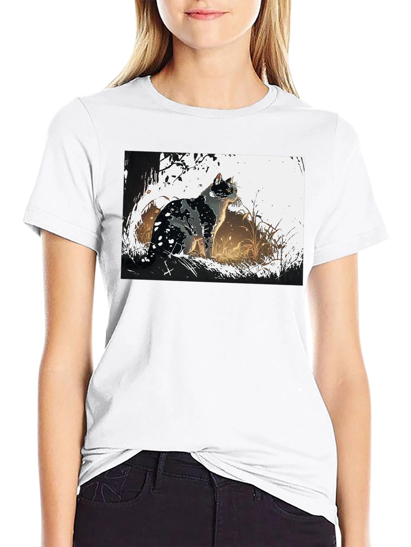 Cat Graphic Tee - Black Cotton T-Shirt