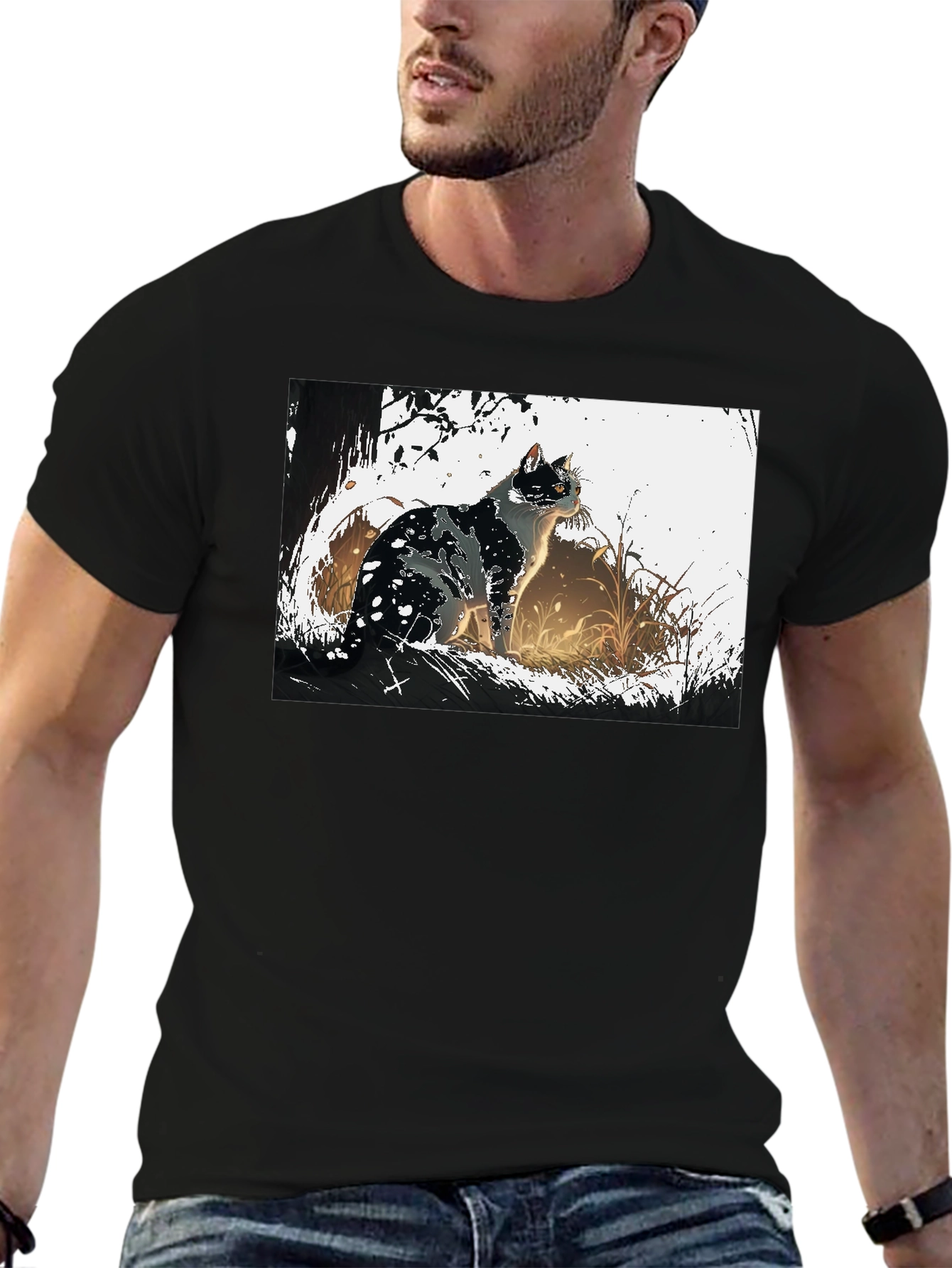 Cat Graphic Tee - Black Cotton T-Shirt