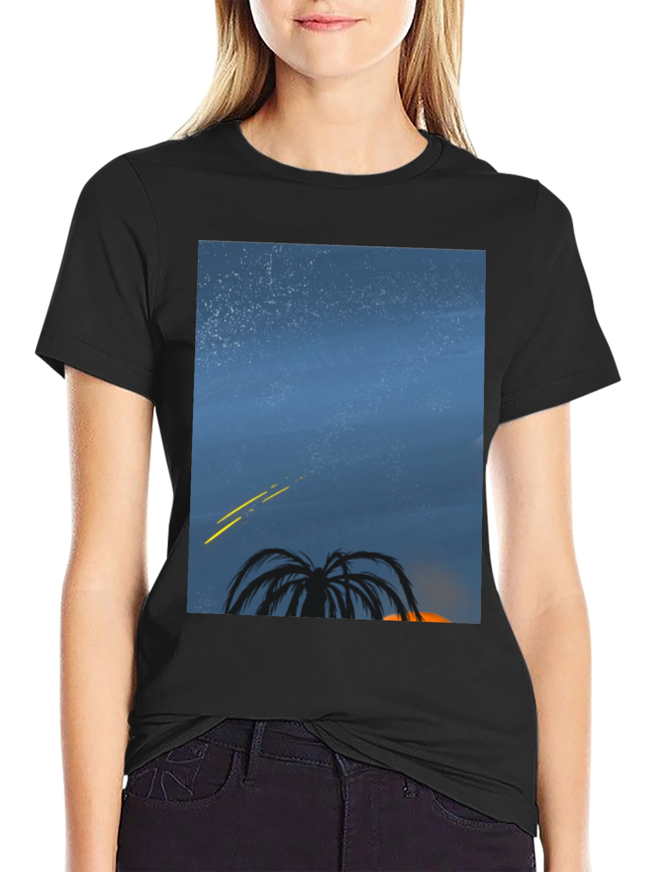 Night Sky Palm Tree Graphic Tee - Black