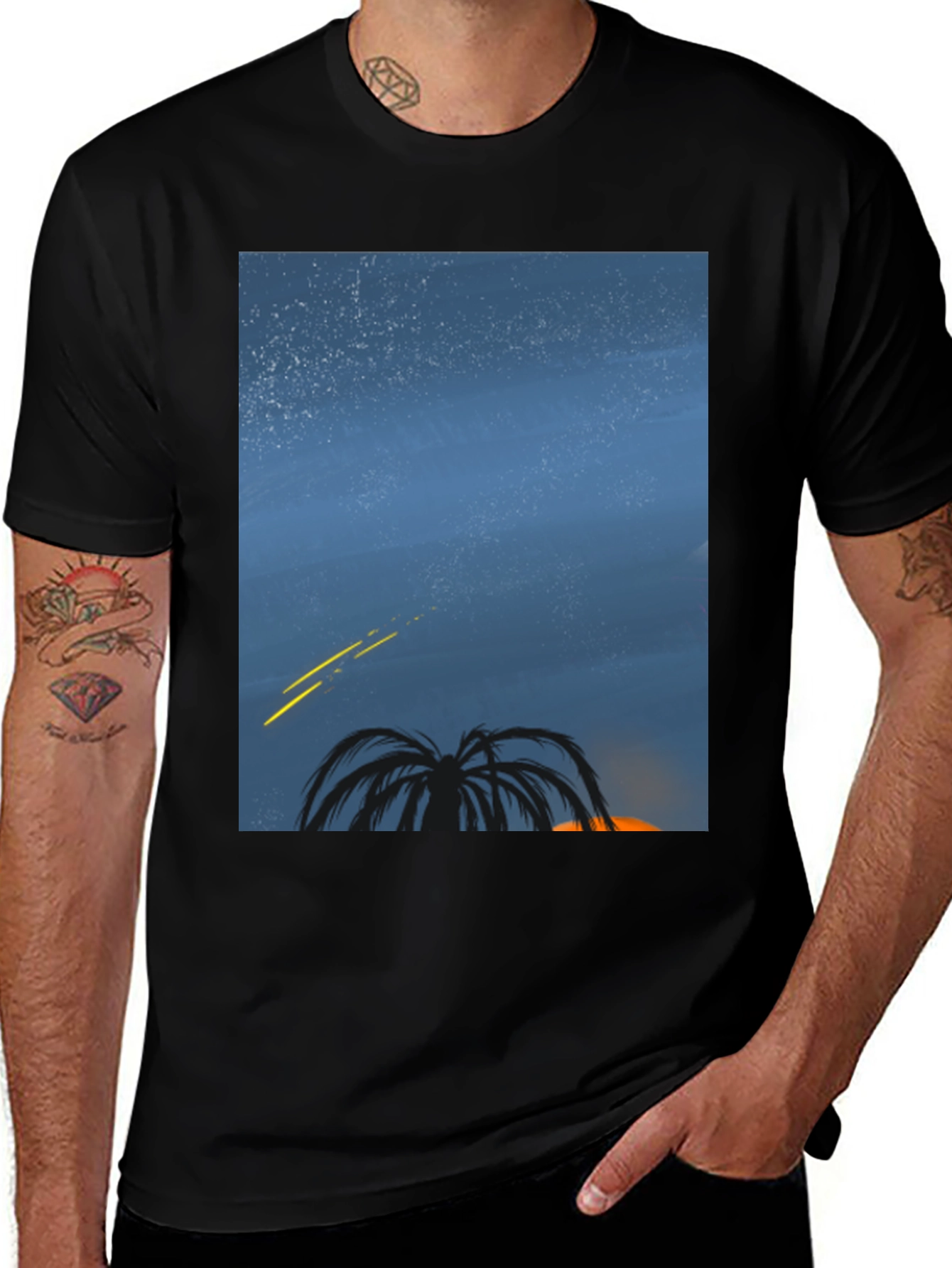 Night Sky Palm Tree Graphic Tee - Black