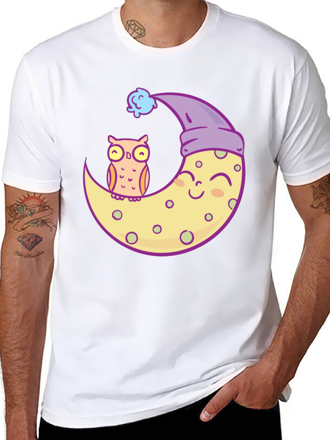 Owl and Moon Graphic Tee - Black Cotton T-Shirt