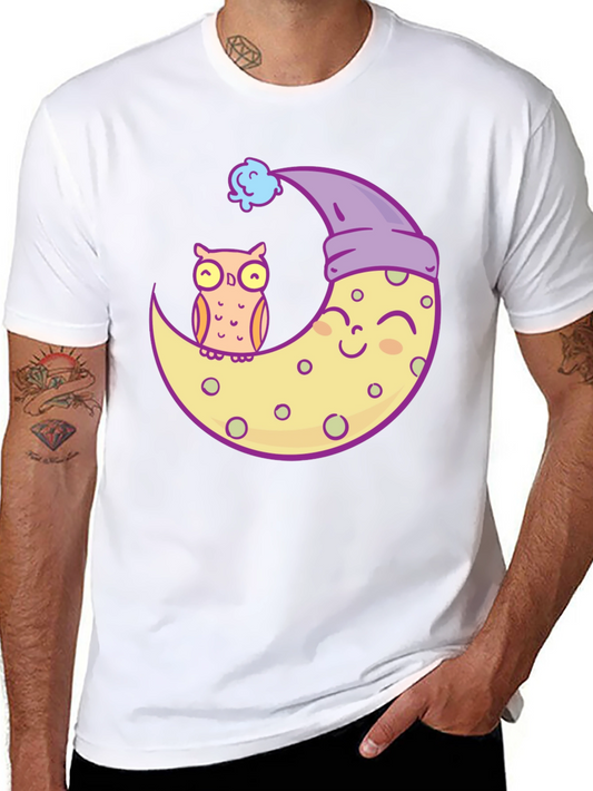 Owl and Moon Graphic Tee - Black Cotton T-Shirt