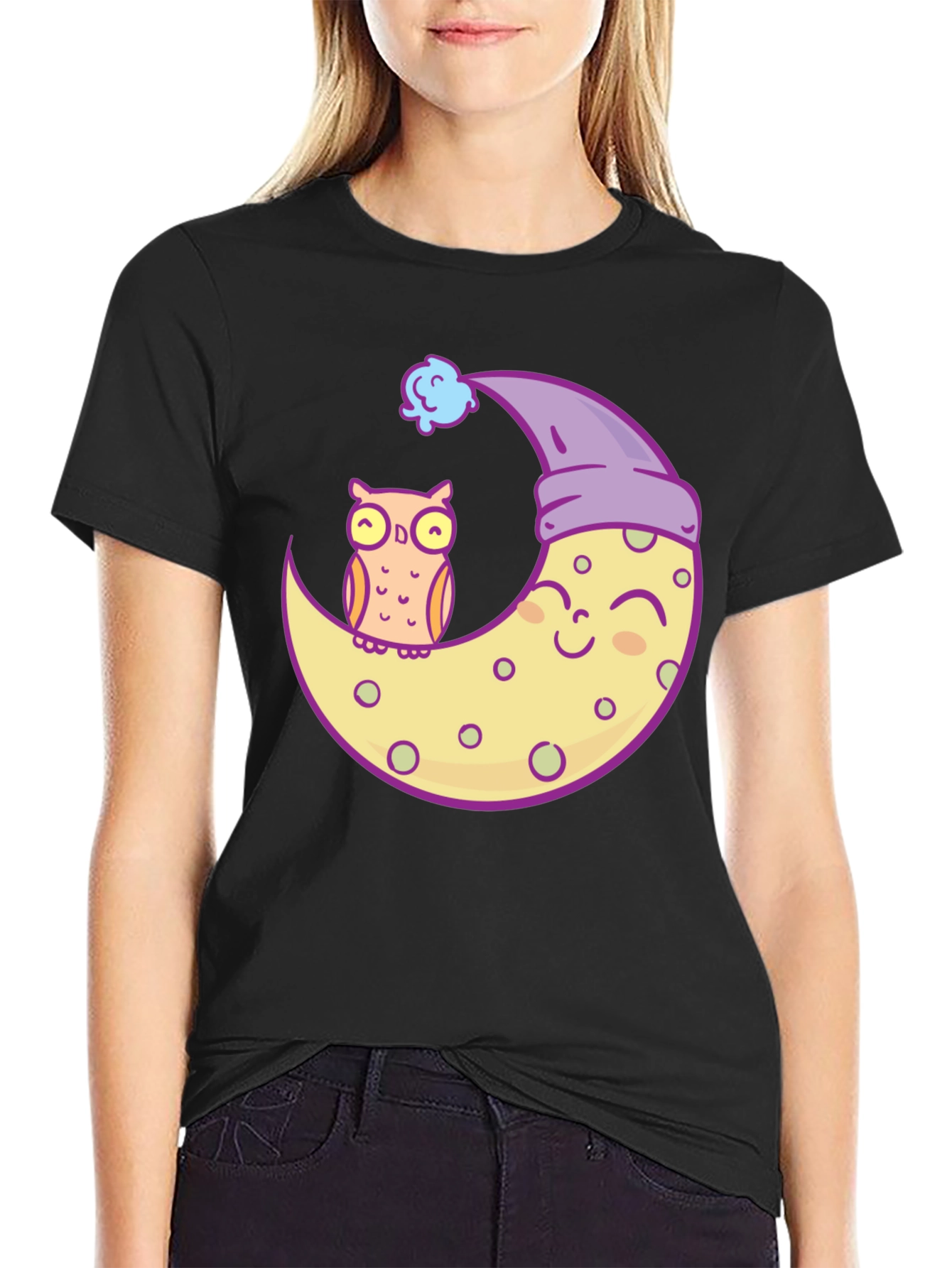 Owl and Moon Graphic Tee - Black Cotton T-Shirt