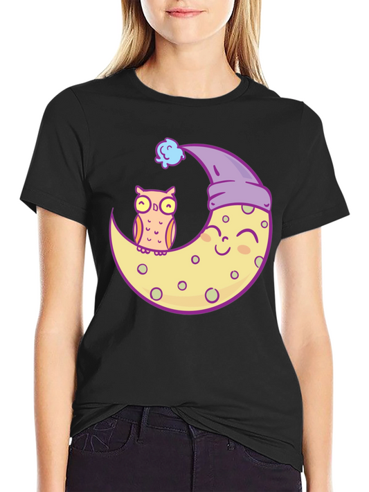Owl and Moon Graphic Tee - Black Cotton T-Shirt