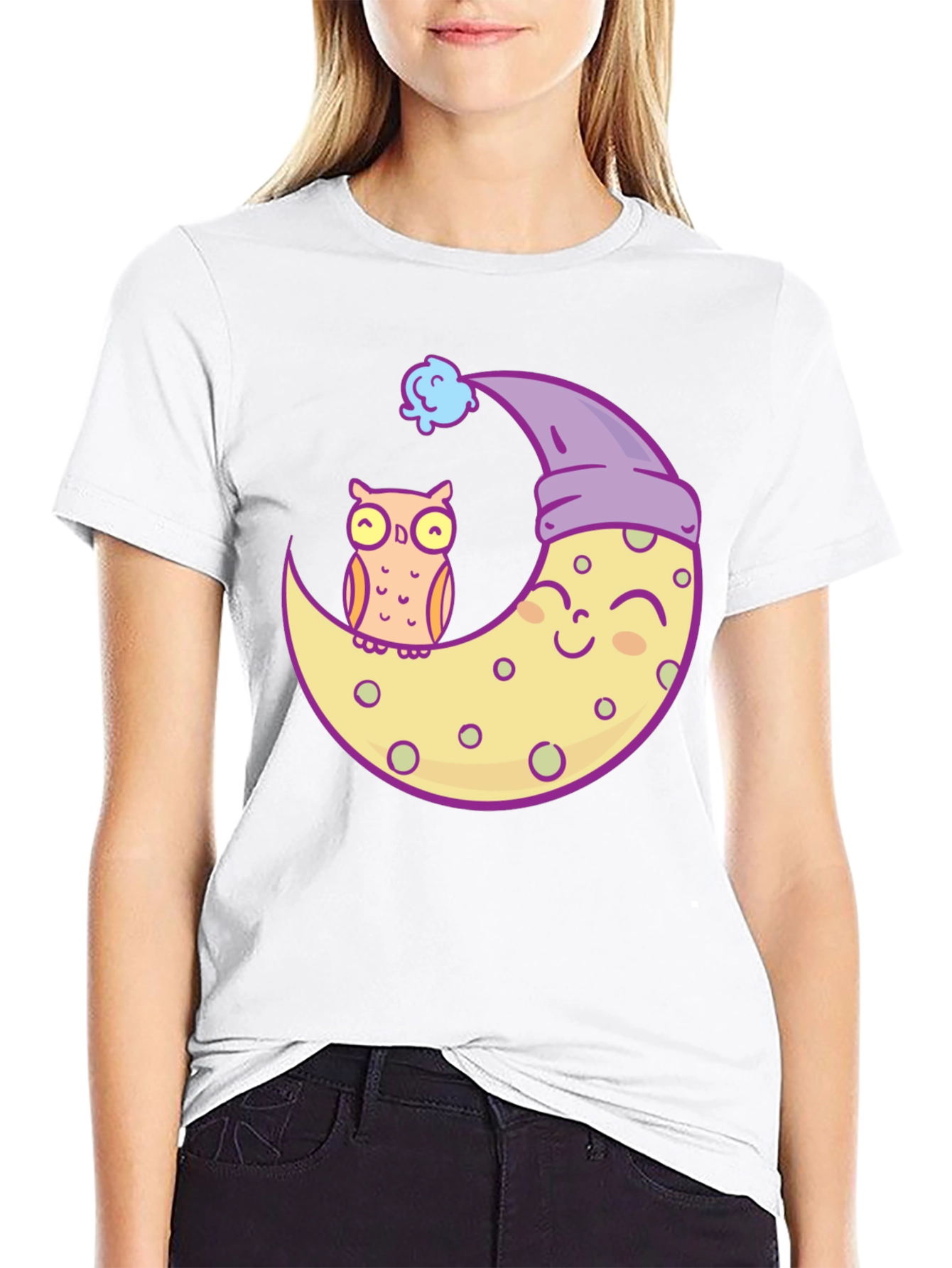 Owl and Moon Graphic Tee - Black Cotton T-Shirt