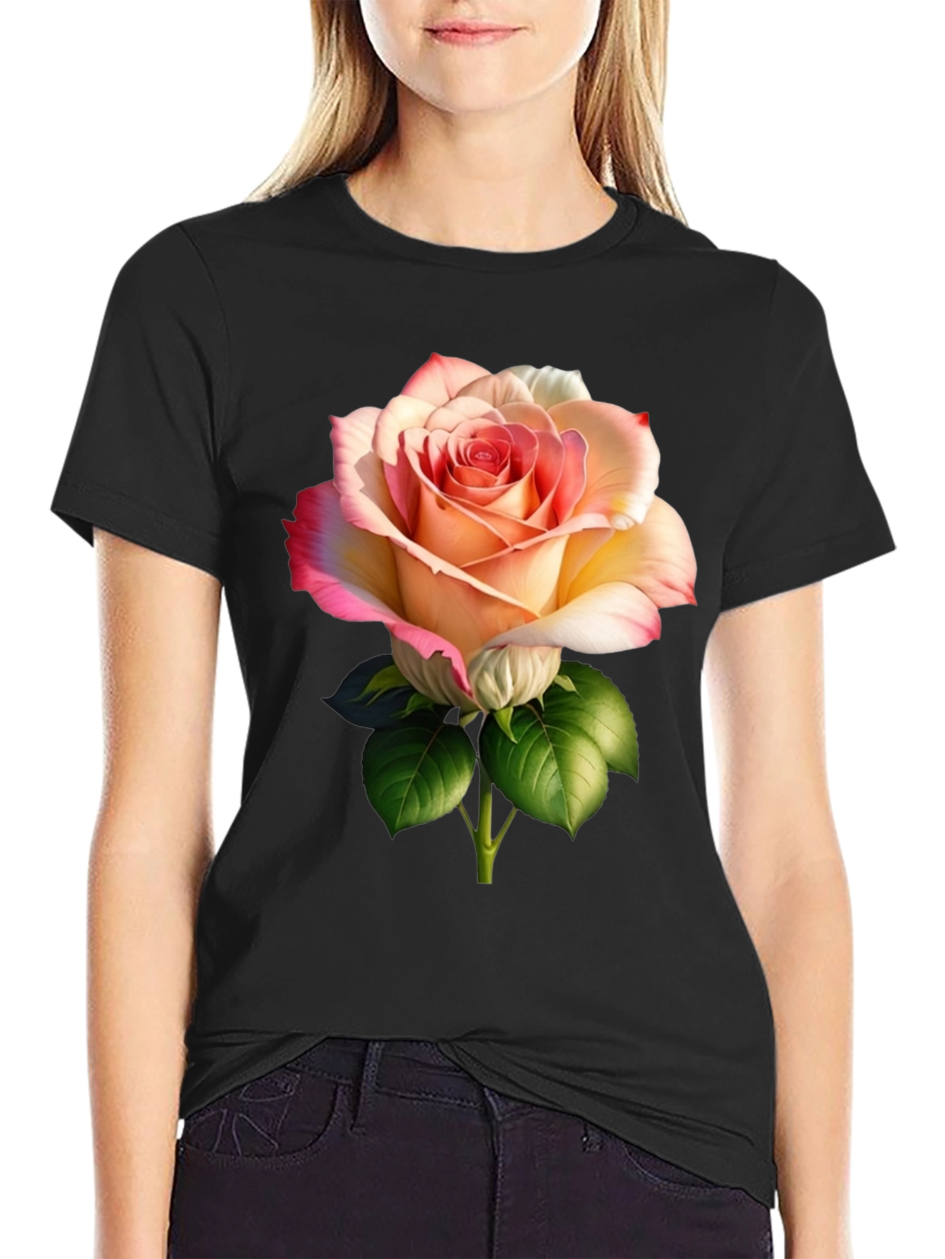 Elegant Rose Graphic Black T-Shirt