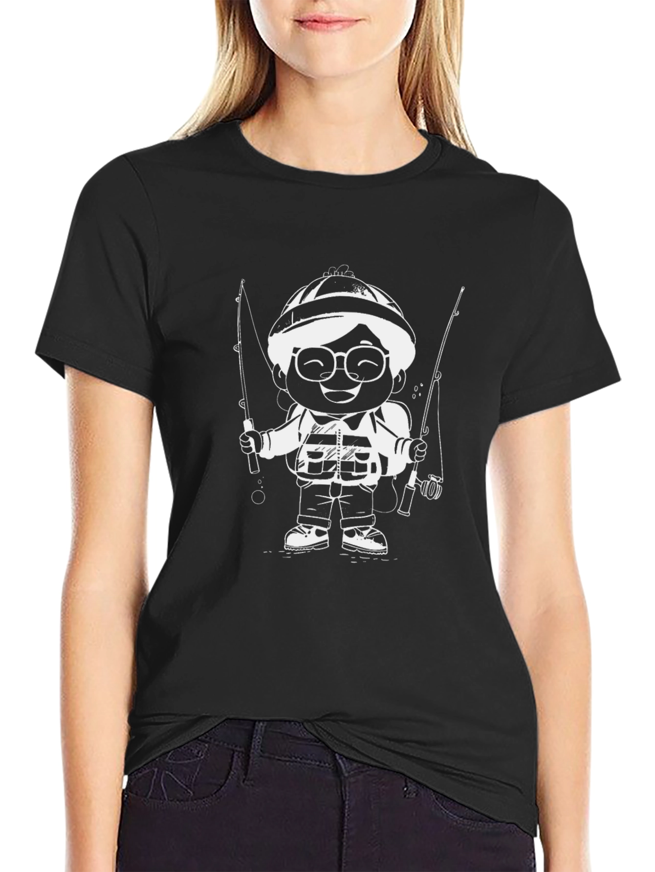 Cartoon Fisherman Graphic T-Shirt - Black