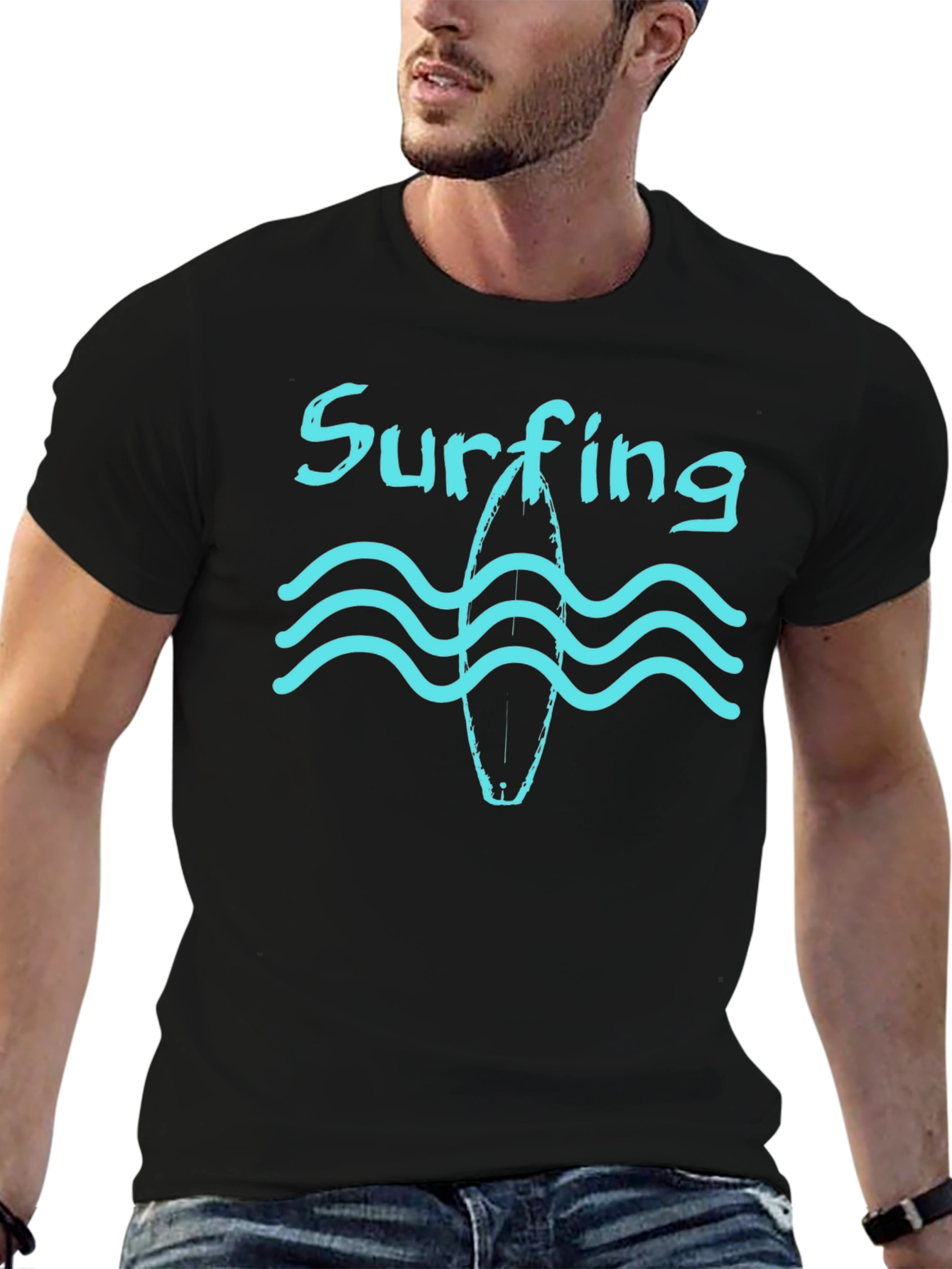 Surfing Waves Black T-Shirt Cool Beach Tee