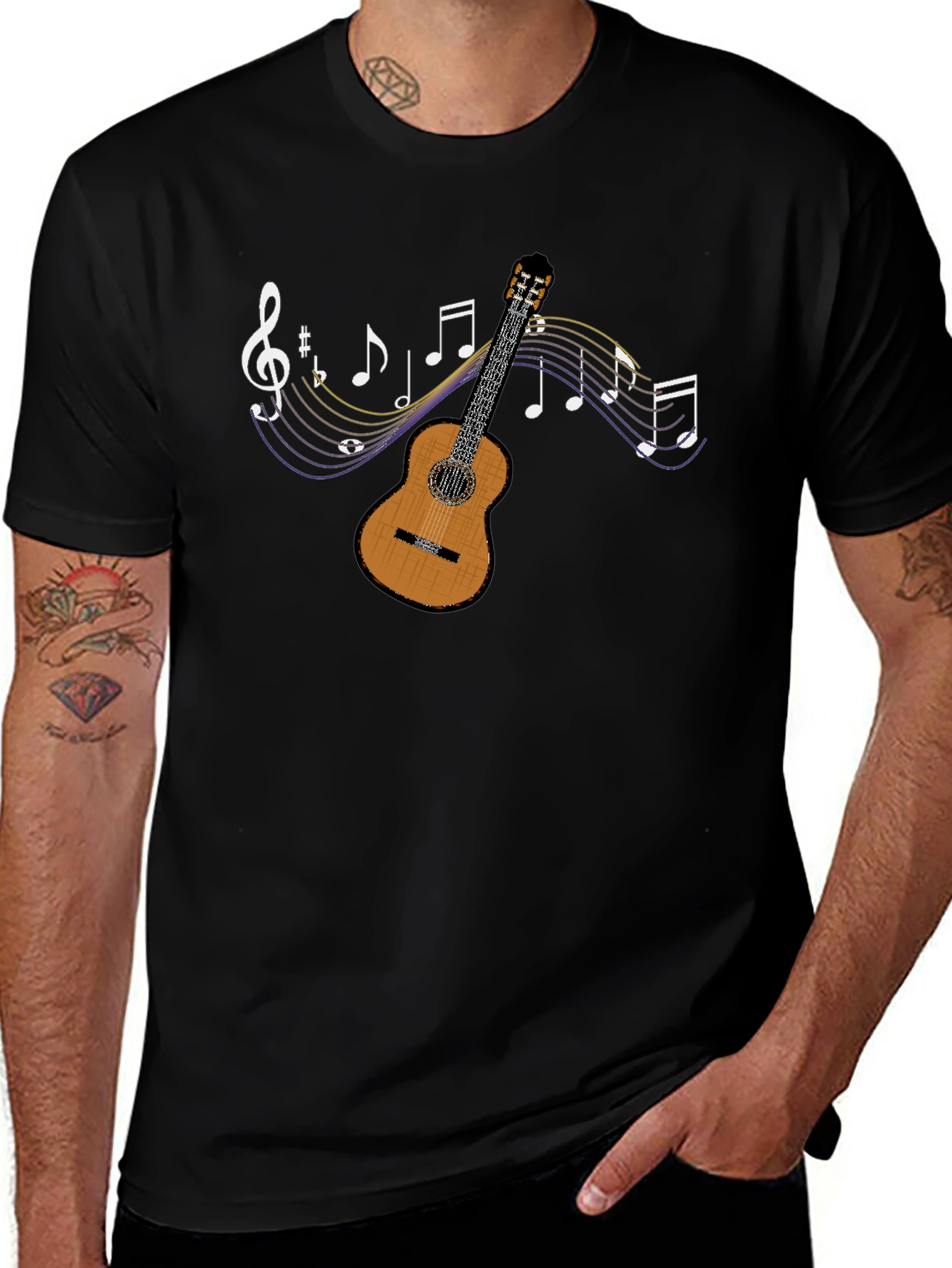 Guitar and Music Note Graphic Tee - Black