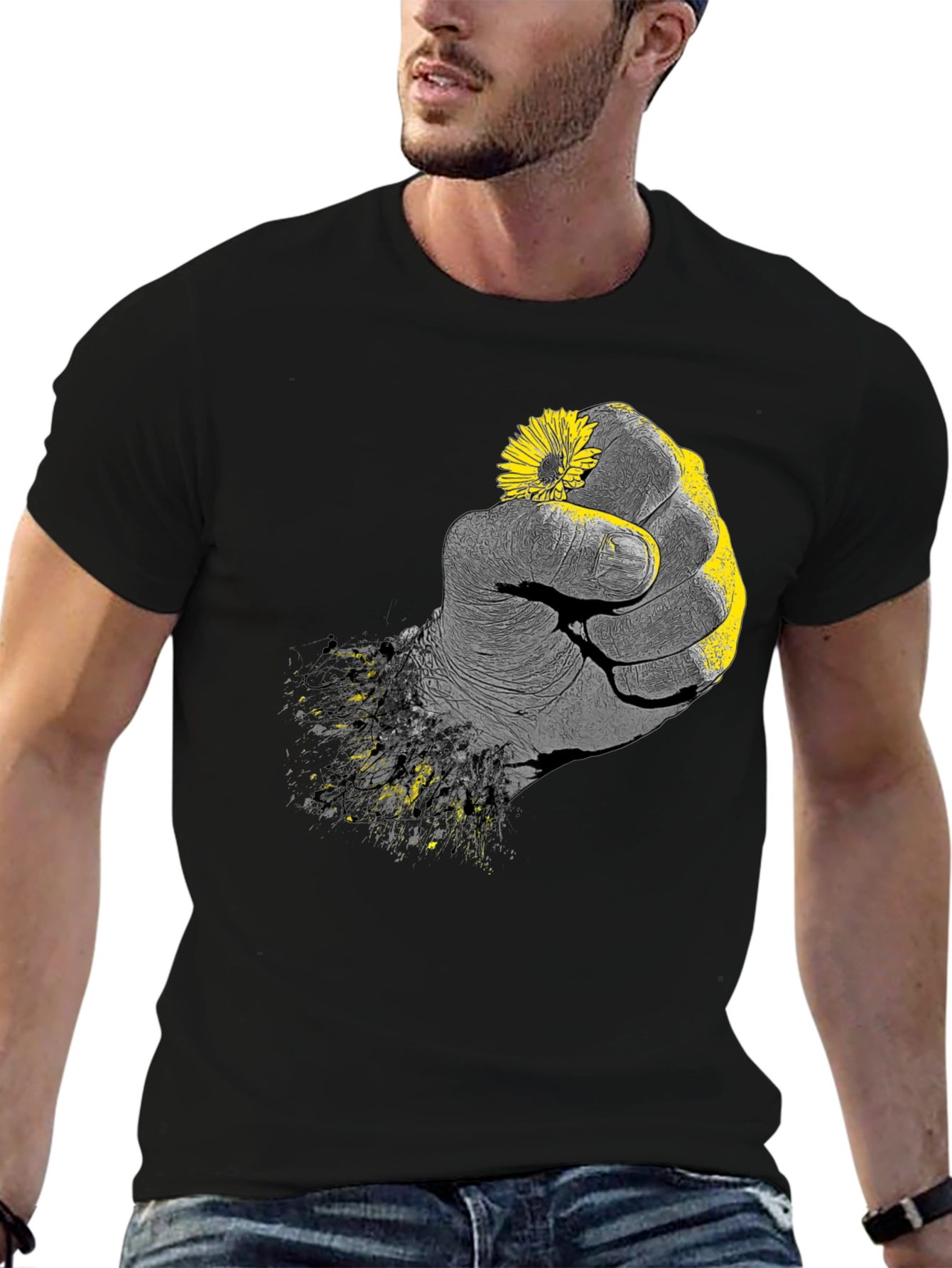 Fist Holding Flower Graphic Tee - Black