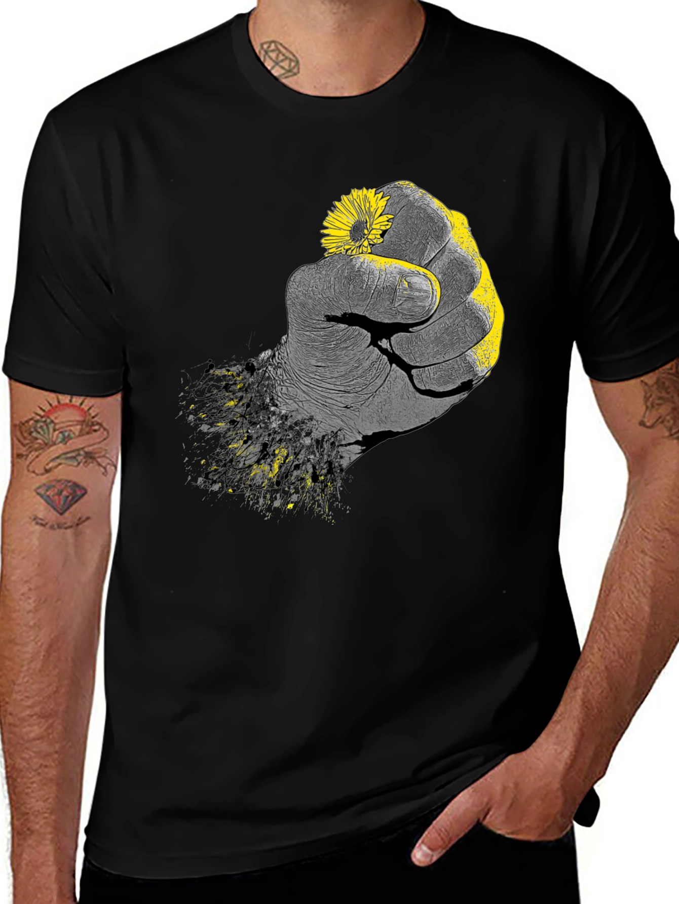 Fist Holding Flower Graphic Tee - Black