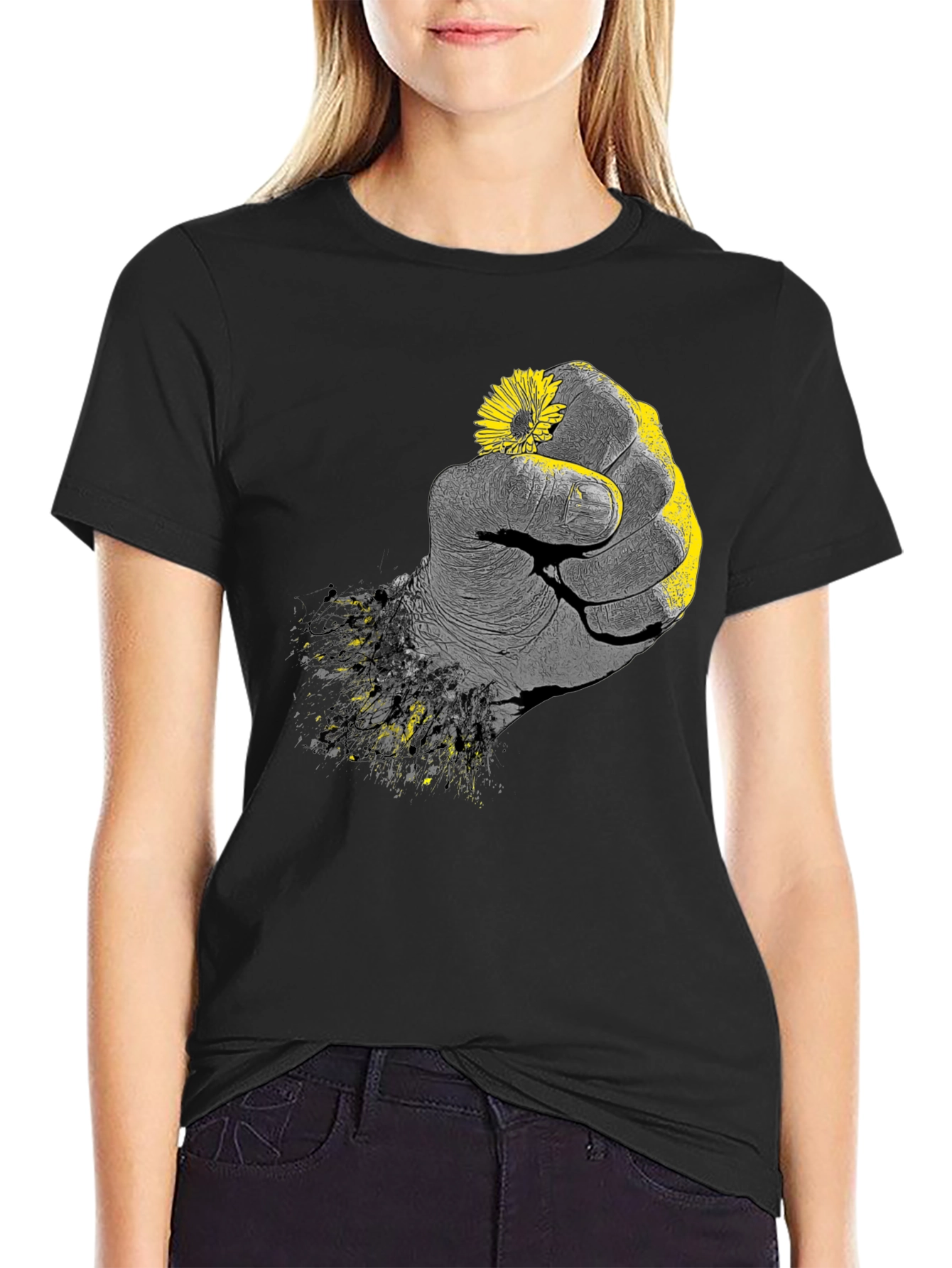 Fist Holding Flower Graphic Tee - Black