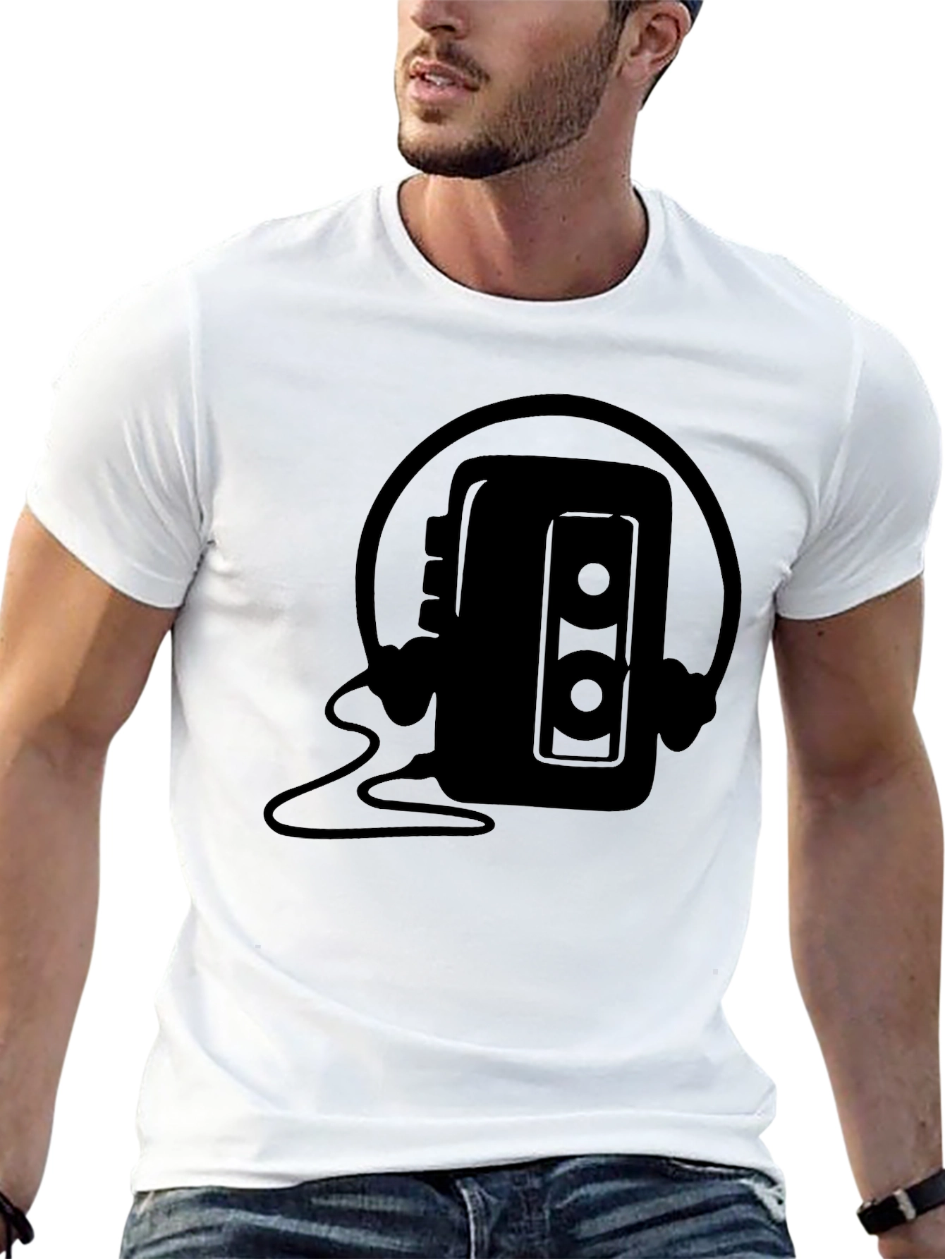 Retro Cassette Player Headphones Black T-Shirt