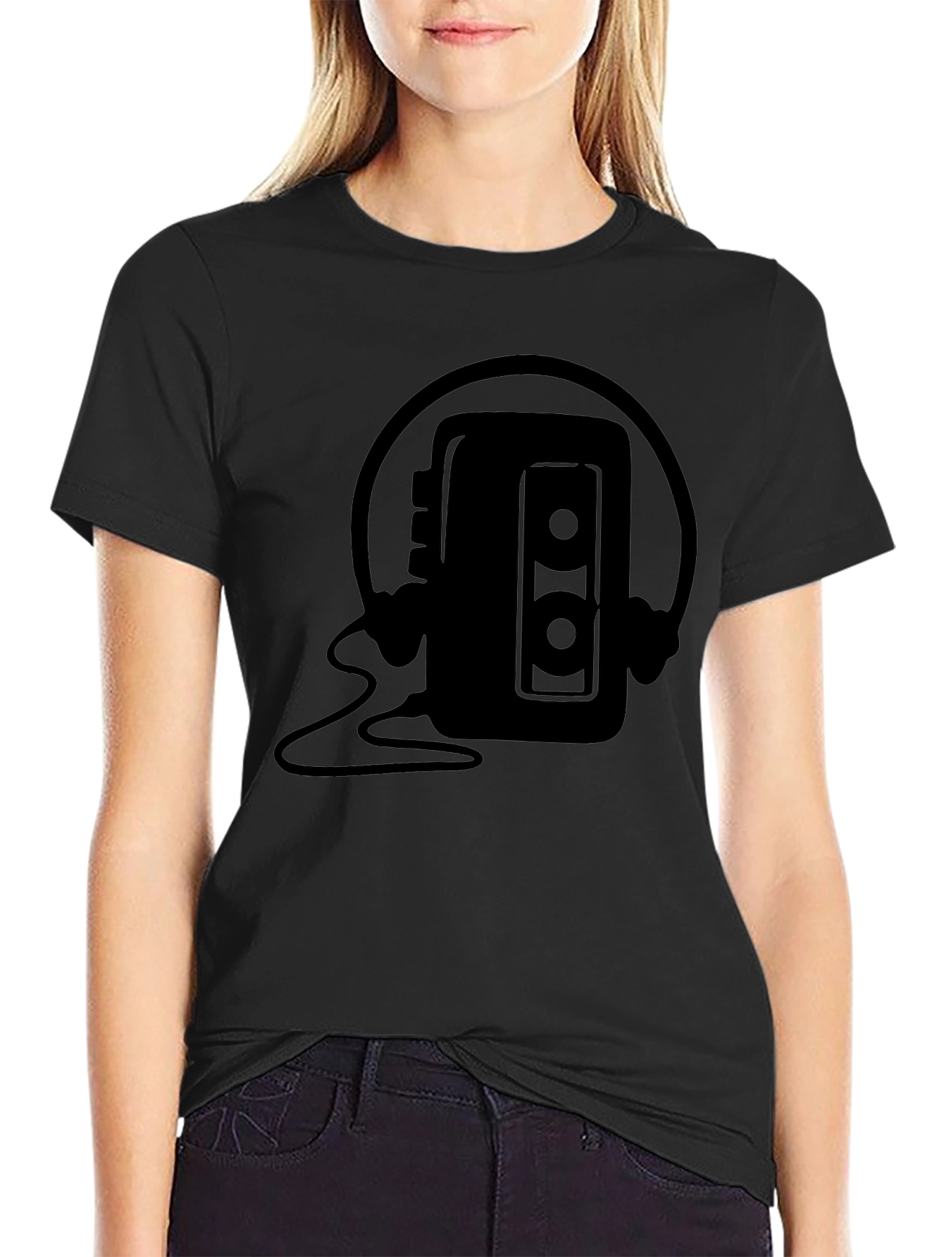 Retro Cassette Player Headphones Black T-Shirt