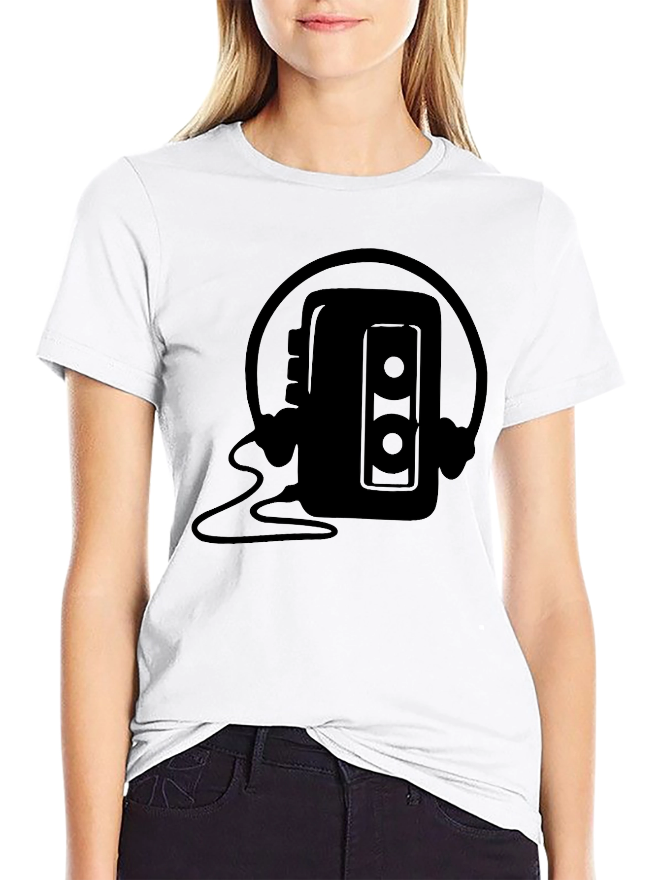 Retro Cassette Player Headphones Black T-Shirt