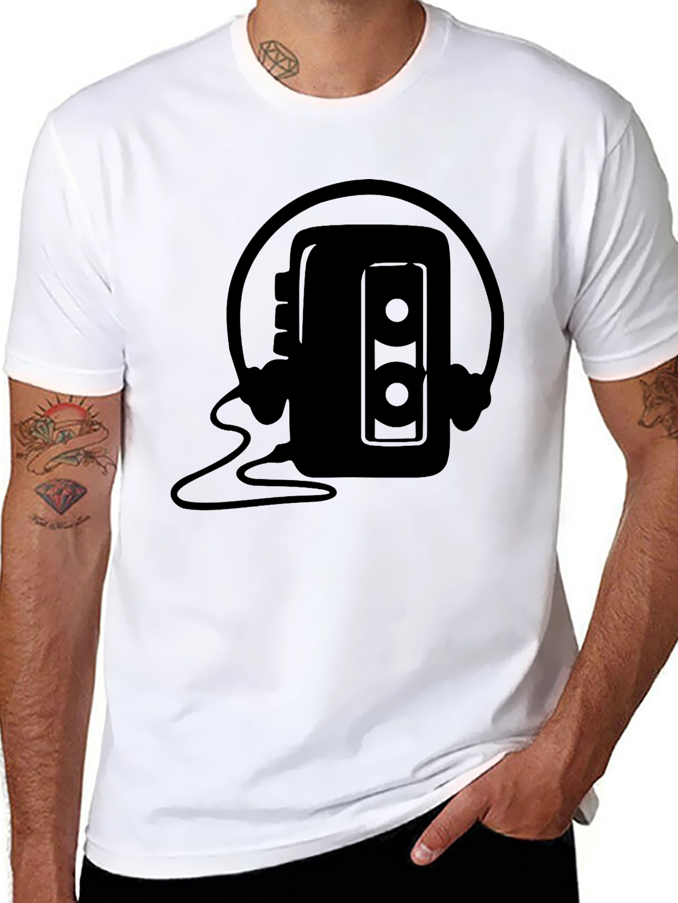 Retro Cassette Player Headphones Black T-Shirt