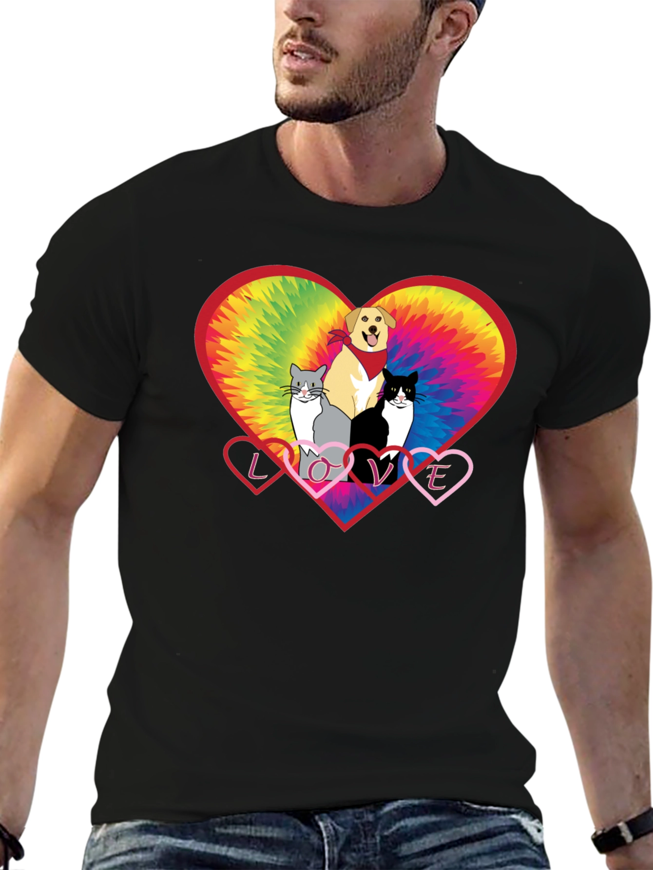 Love Cats and Dogs Tie Dye Heart T-Shirt