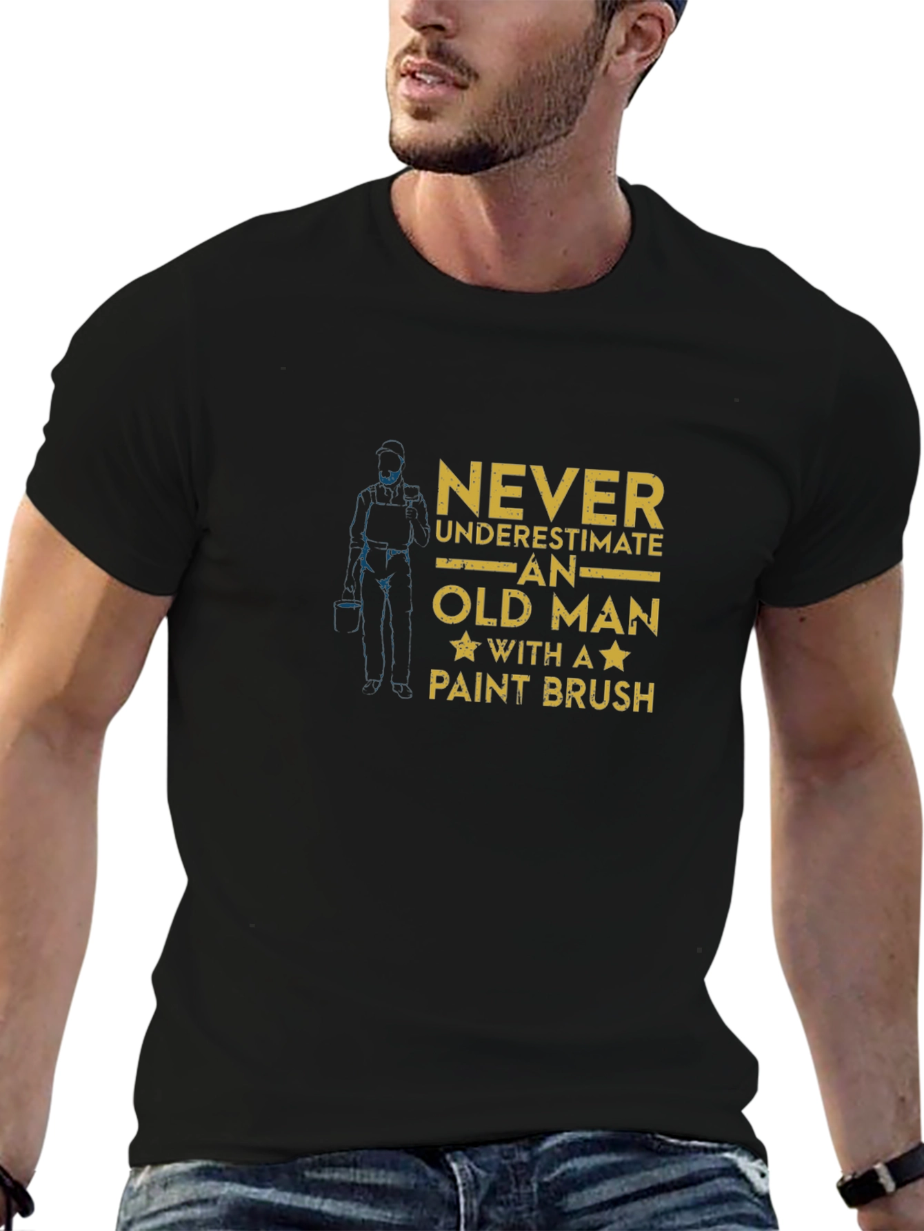 Never Underestimate Old Man with Paint Brush Graphic Tee