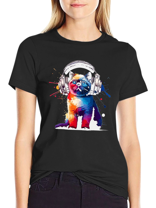 Colorful Cat Headphones Graphic T-Shirt