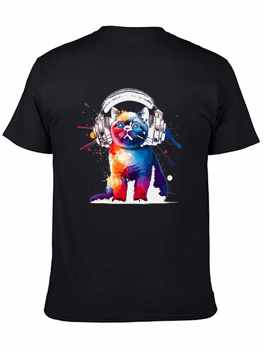 Colorful Cat Headphones Graphic T-Shirt