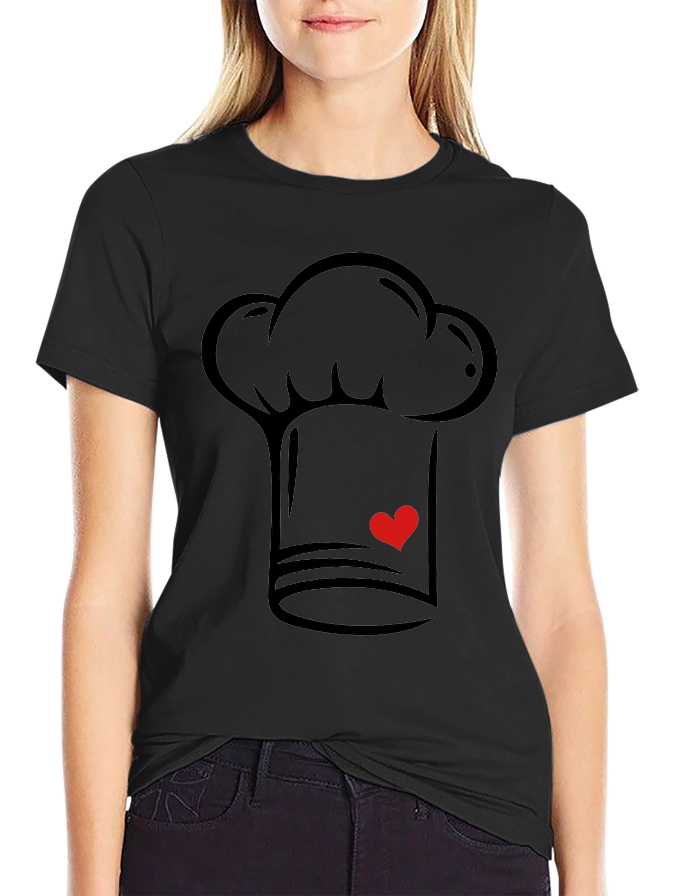 Chef Hat Heart Graphic T-Shirt - Black Casual Tee