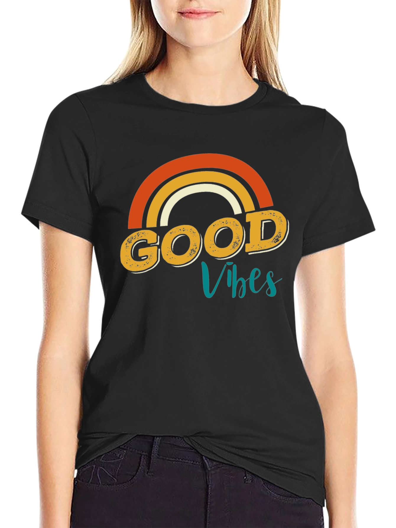 Good Vibes Rainbow Graphic Tee - Retro Style