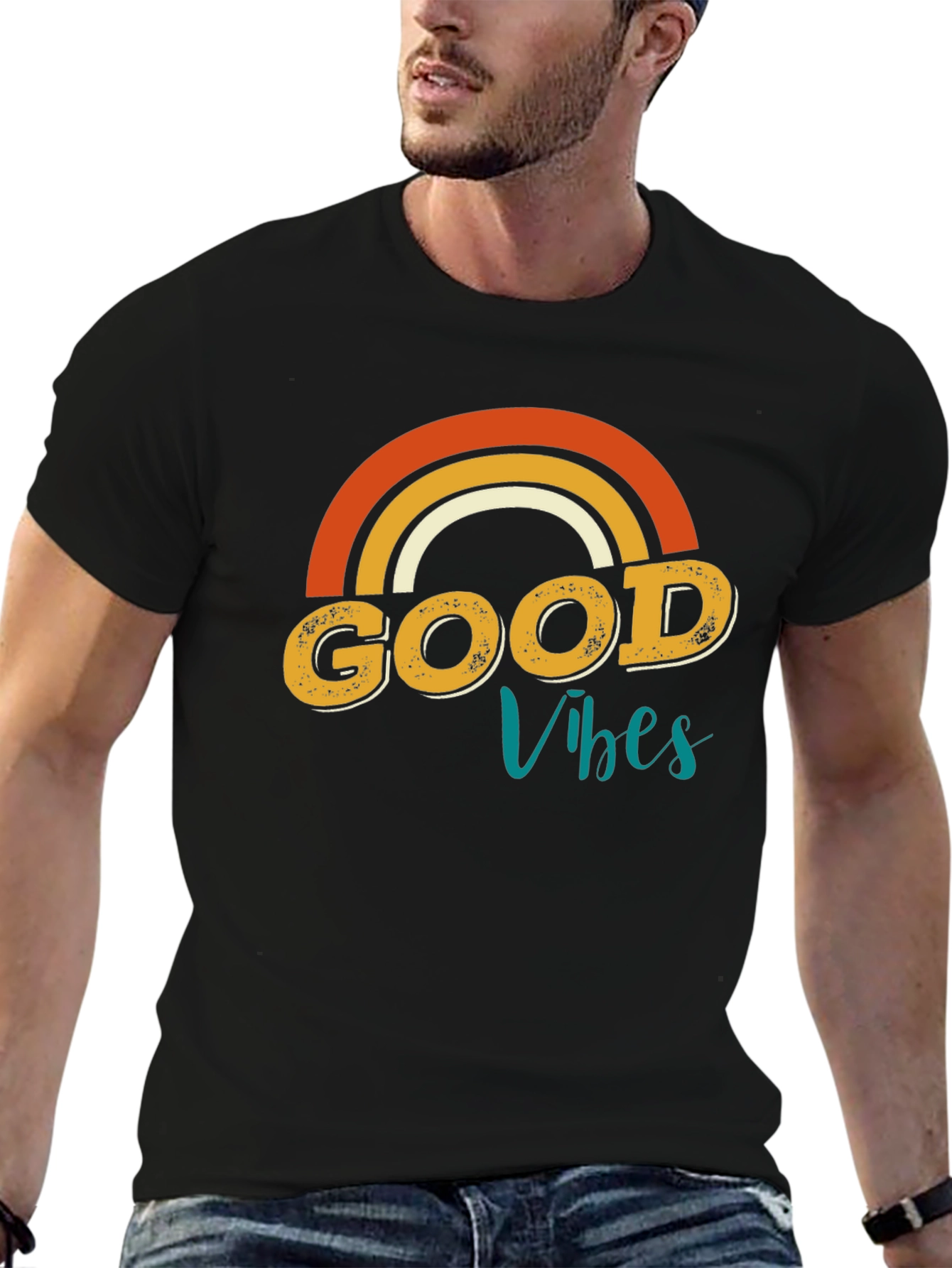 Good Vibes Rainbow Graphic Tee - Retro Style
