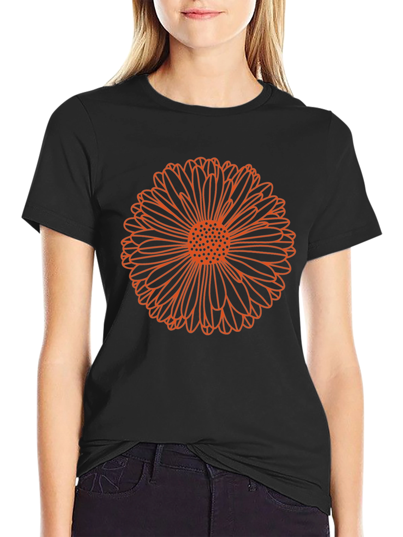 Orange Flower Graphic Print Black T-Shirt