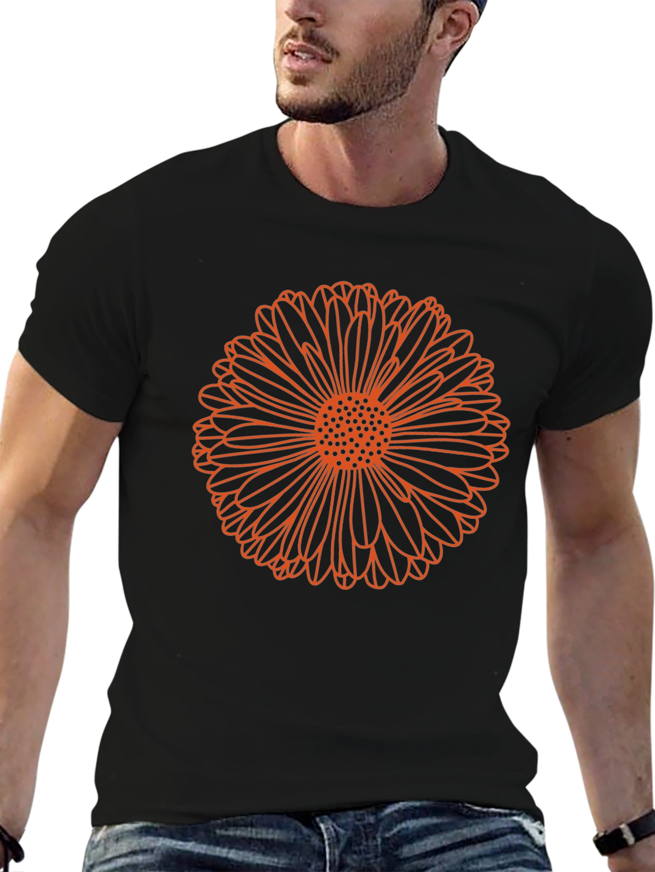 Orange Flower Graphic Print Black T-Shirt