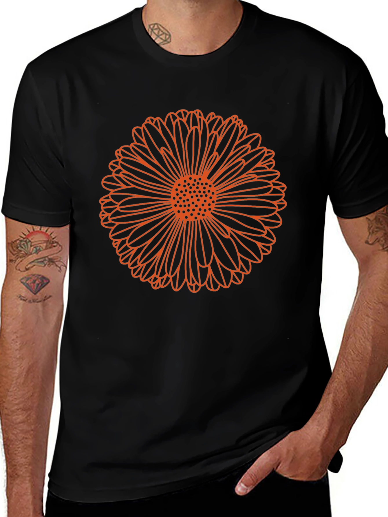 Orange Flower Graphic Print Black T-Shirt