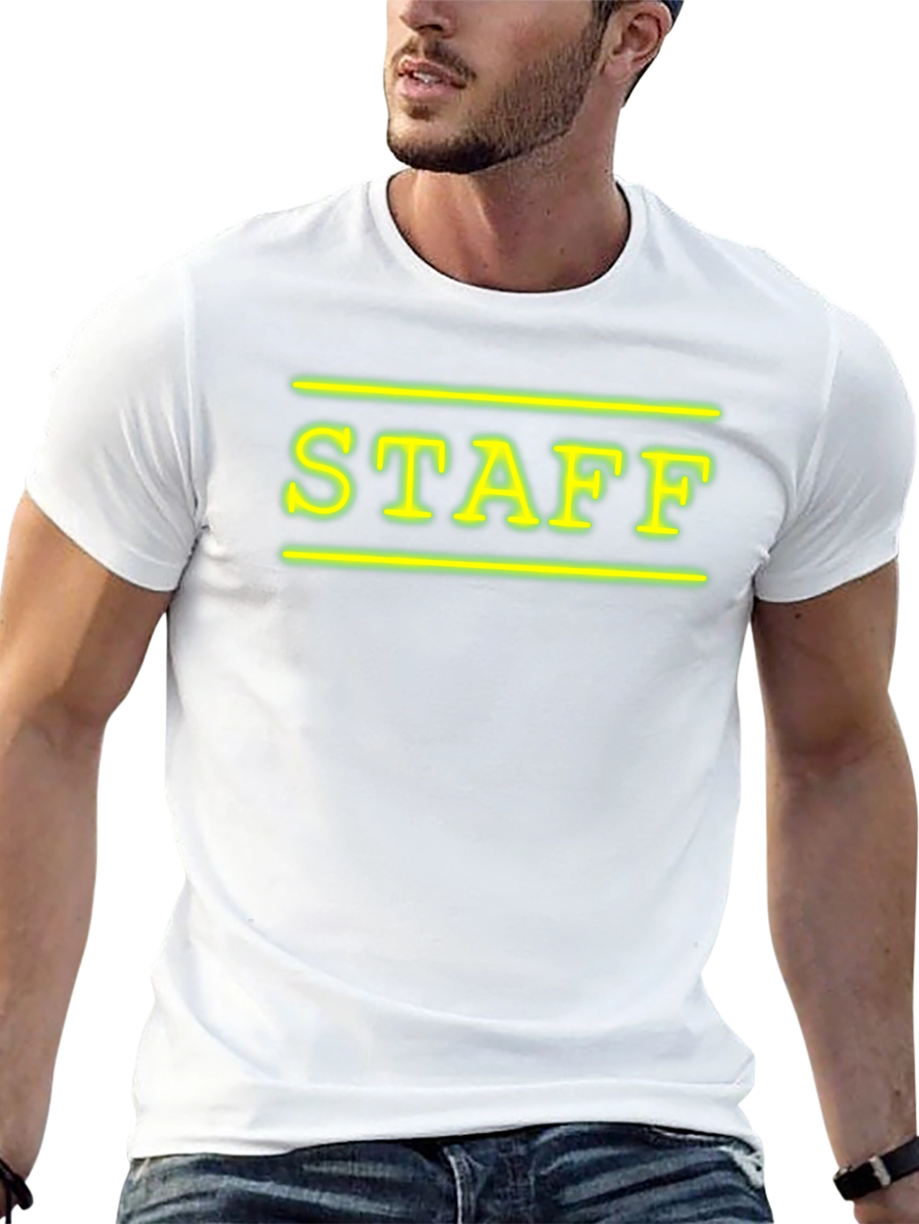 Neon STAFF Graphic T-Shirt - Black Crew Neck