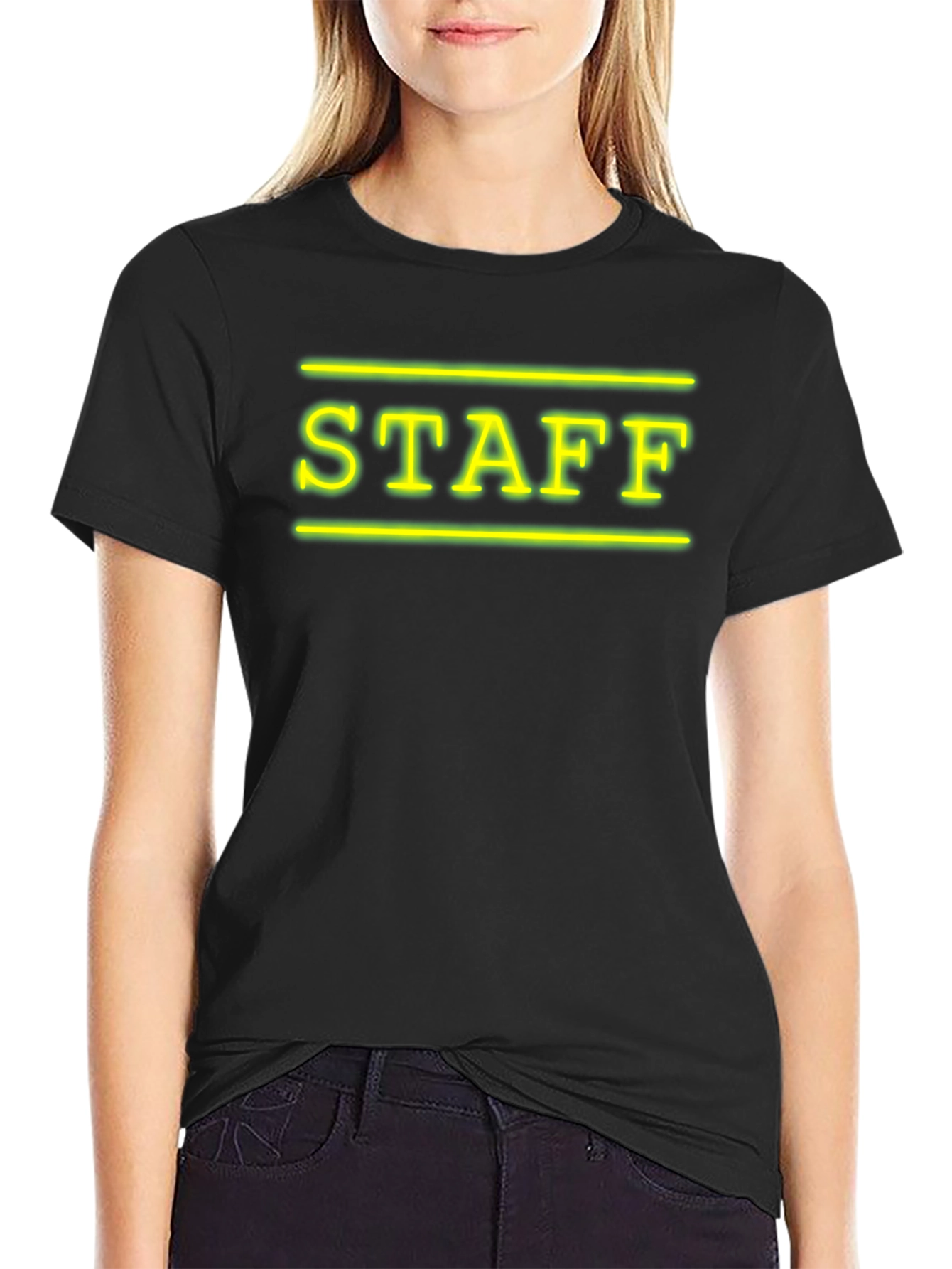 Neon STAFF Graphic T-Shirt - Black Crew Neck