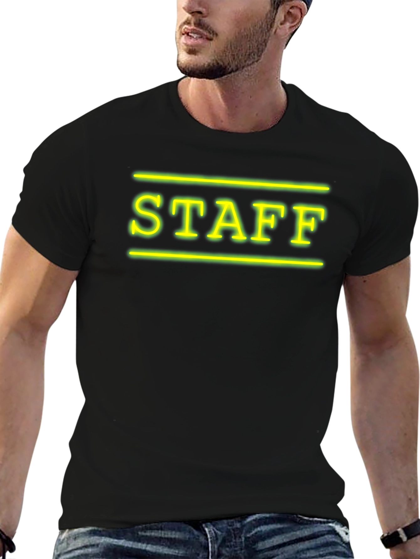 Neon STAFF Graphic T-Shirt - Black Crew Neck