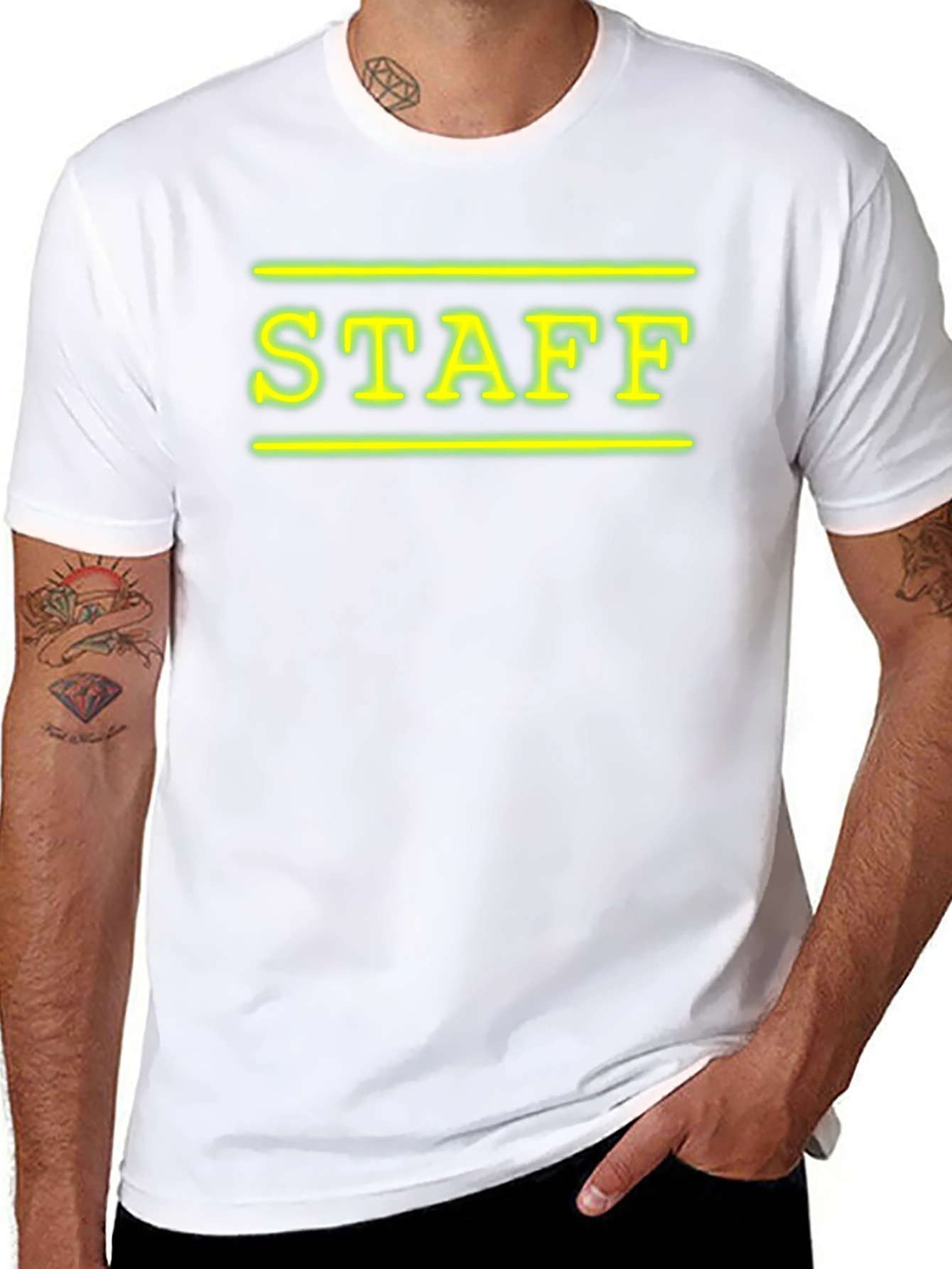 Neon STAFF Graphic T-Shirt - Black Crew Neck