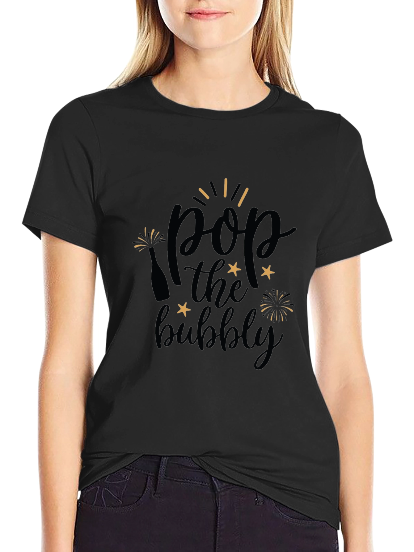 Pop the Bubbly Graphic Tee - Black Cotton T-Shirt