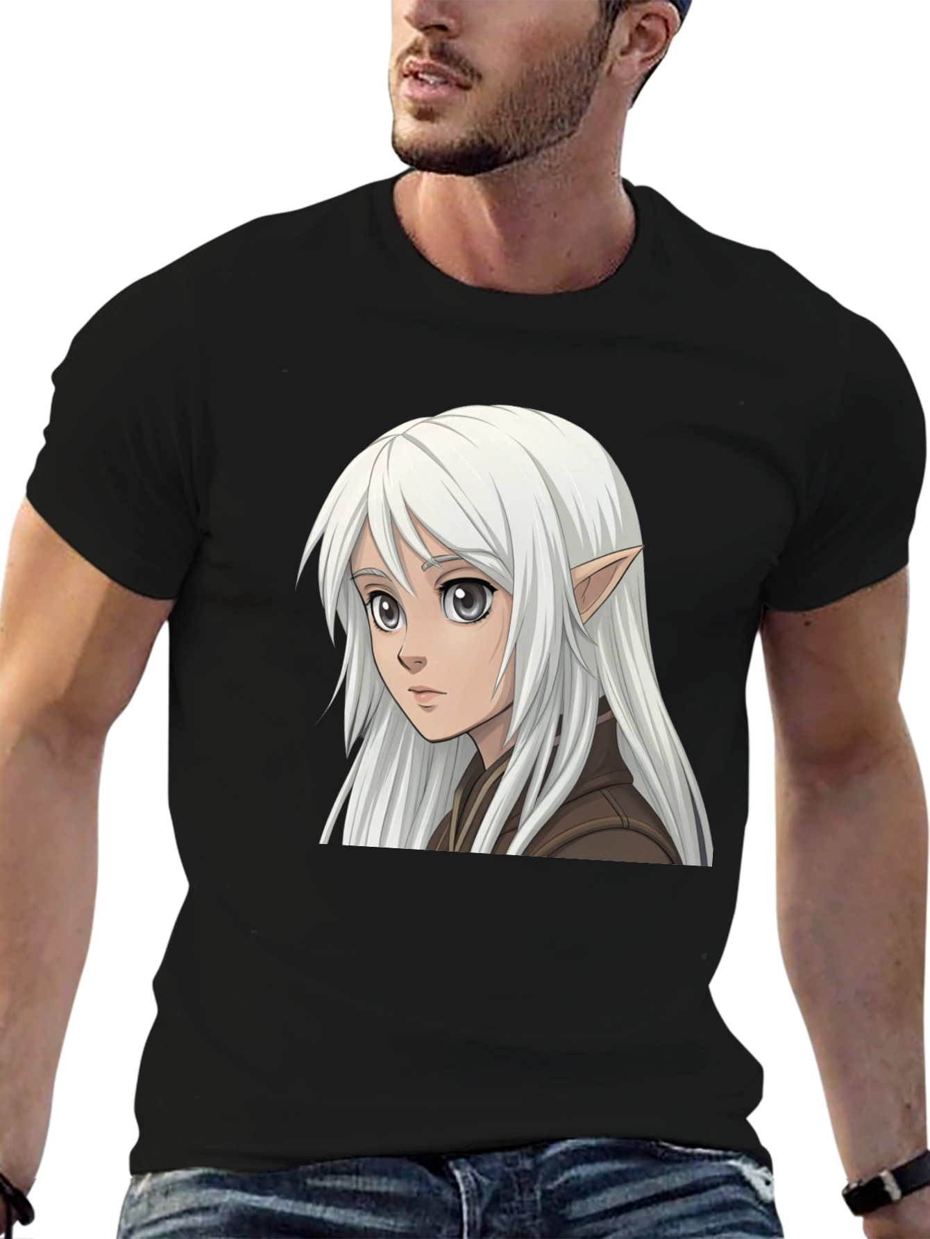 Anime Elf Graphic Tee - Stylish Black T-Shirt