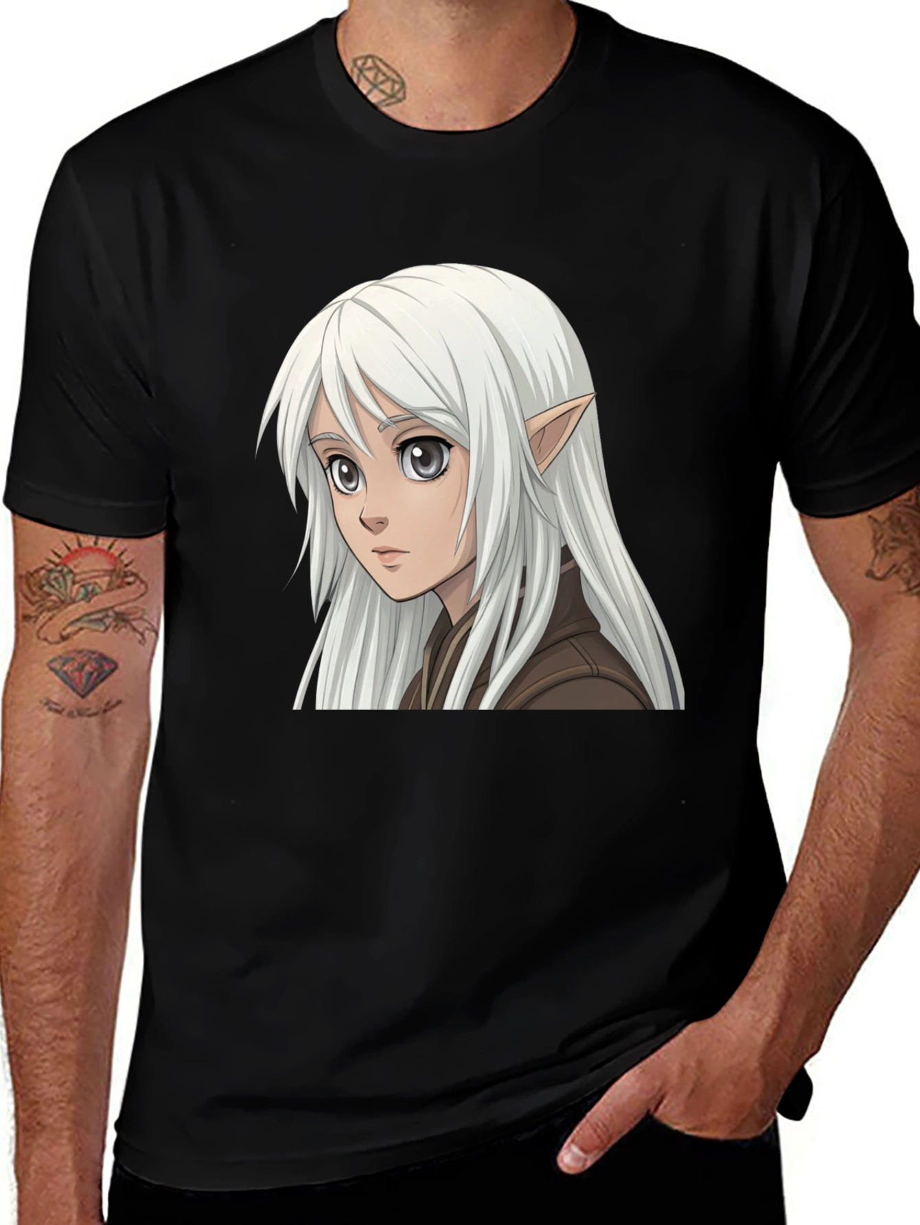 Anime Elf Graphic Tee - Stylish Black T-Shirt