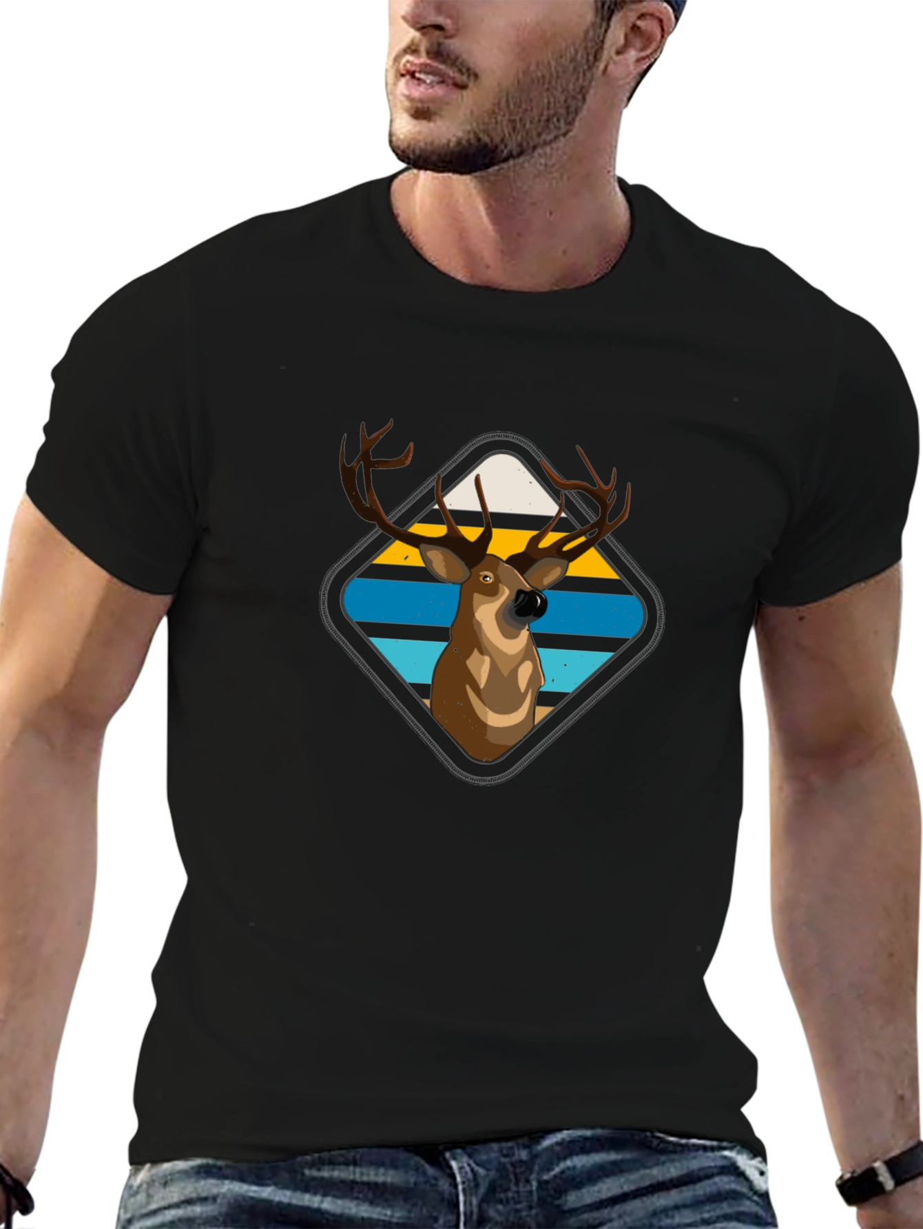 Deer Graphic Tee - Retro Striped Diamond Design