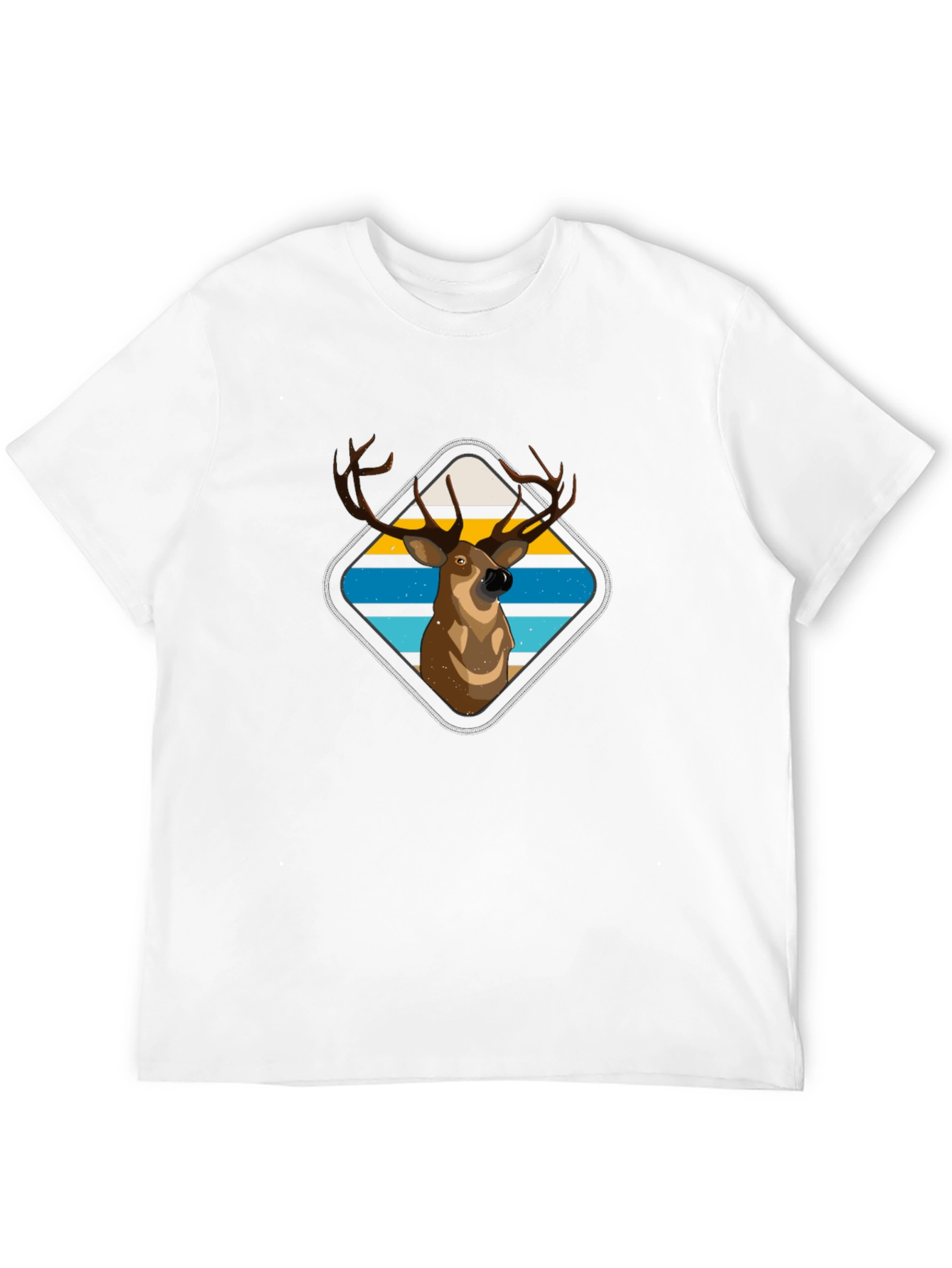 Deer Graphic Tee - Retro Striped Diamond Design