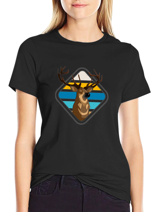 Deer Graphic Tee - Retro Striped Diamond Design