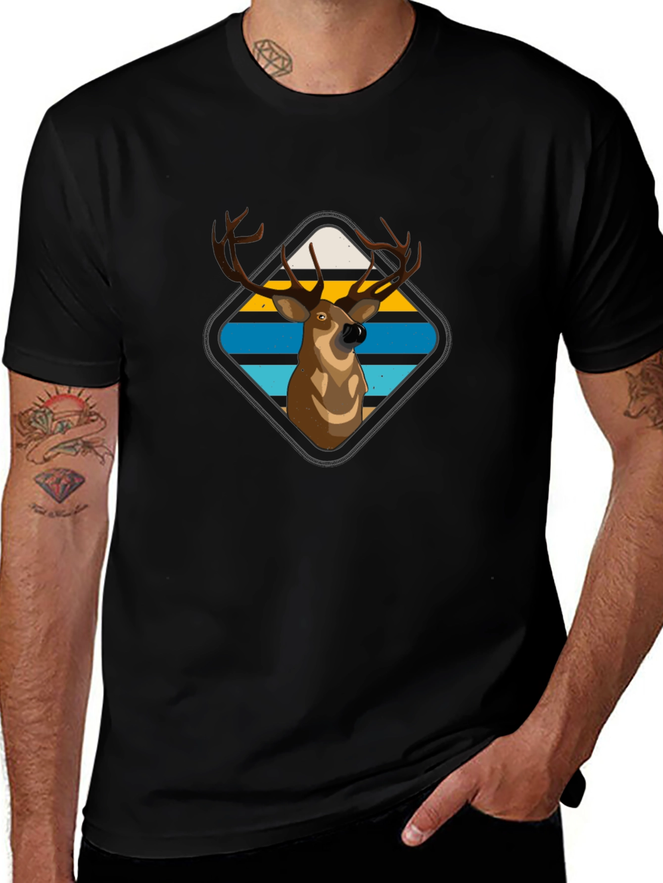 Deer Graphic Tee - Retro Striped Diamond Design